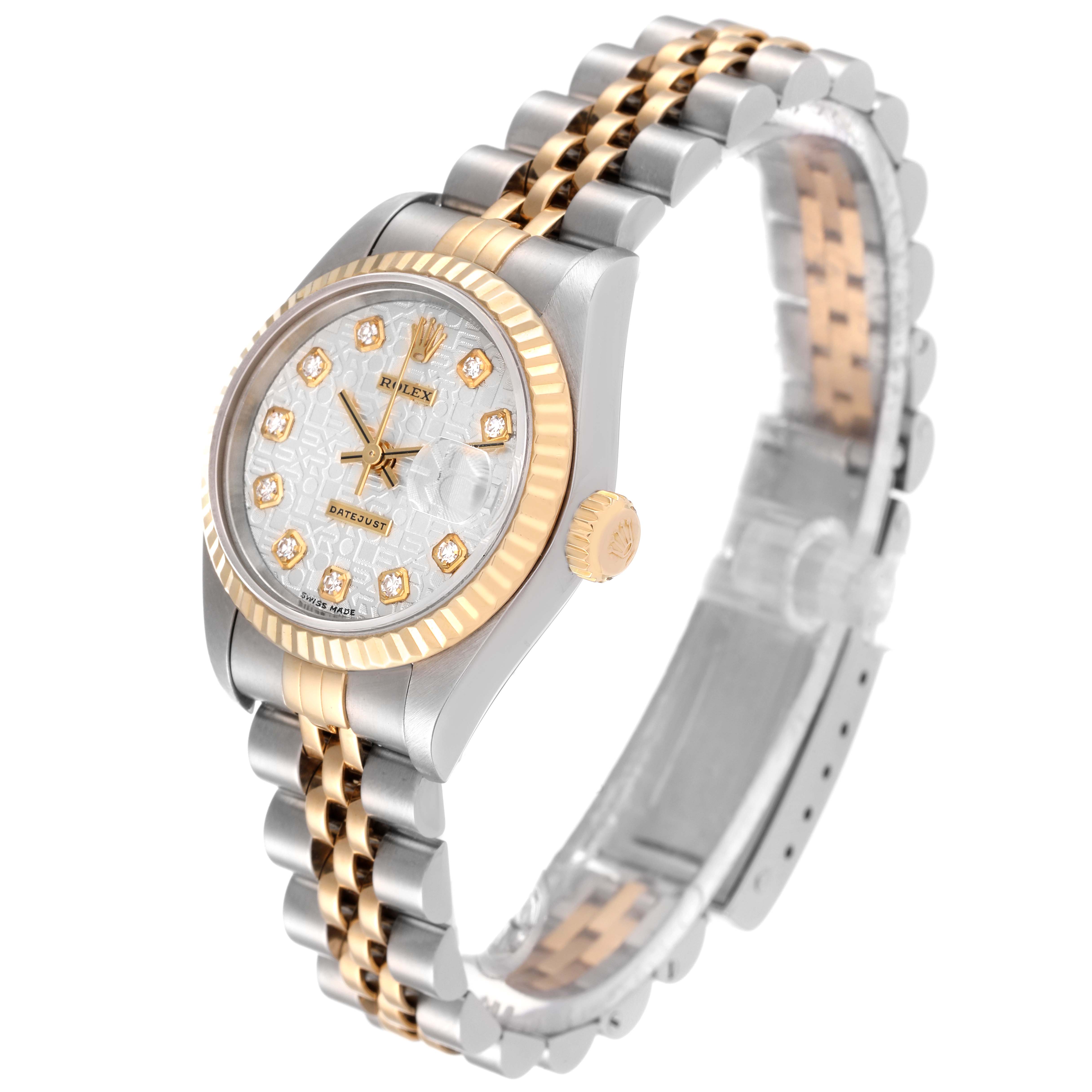 The image shows a Rolex Datejust 79173 Women's Steel and Gold (two tone) Silver Dial 79173 Women's Steel and Gold (two tone) Silver Dial watch angled slightly above, highlighting the face, bezel, crown, and bracelet.