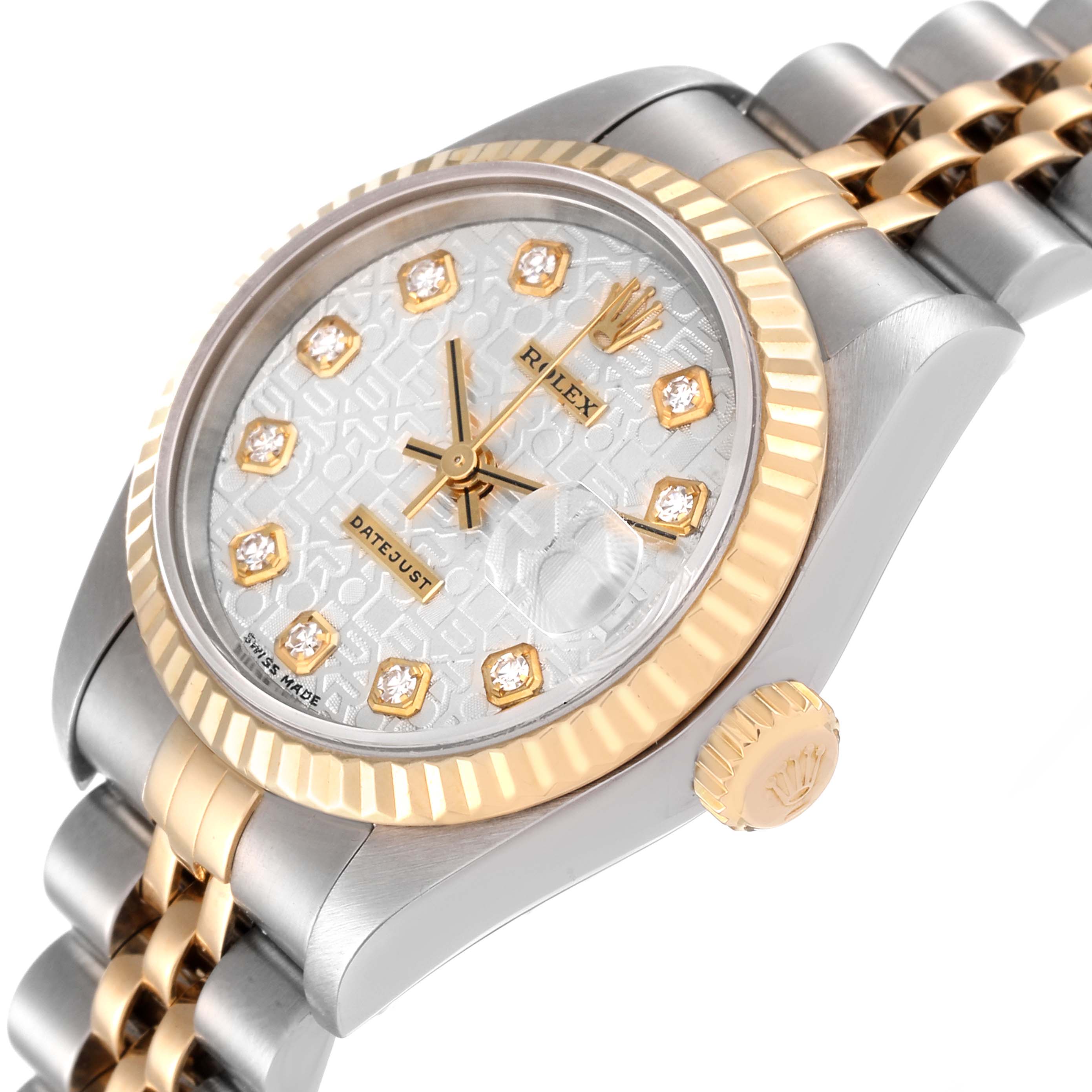 The image shows a Rolex Datejust 79173 Women's Steel and Gold (two tone) Silver Dial 79173 Women's Steel and Gold (two tone) Silver Dial watch at an angled view, highlighting its bezel, crown, dial, and bracelet.
