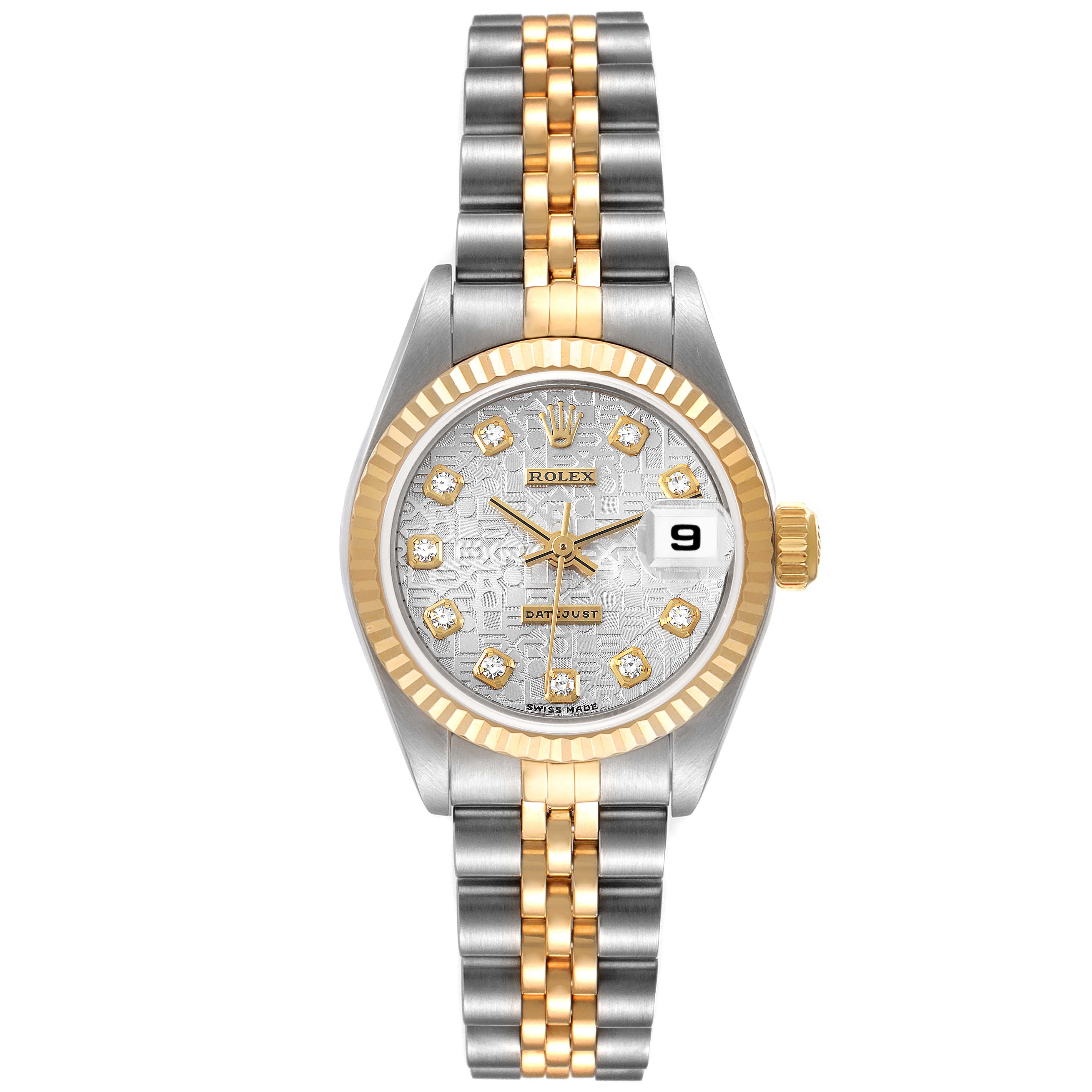 The image shows a frontal view of a Rolex Datejust 79173 Women's Steel and Gold (two tone) Silver Dial 79173 Women's Steel and Gold (two tone) Silver Dial watch, displaying the dial, bracelet, and fluted bezel.