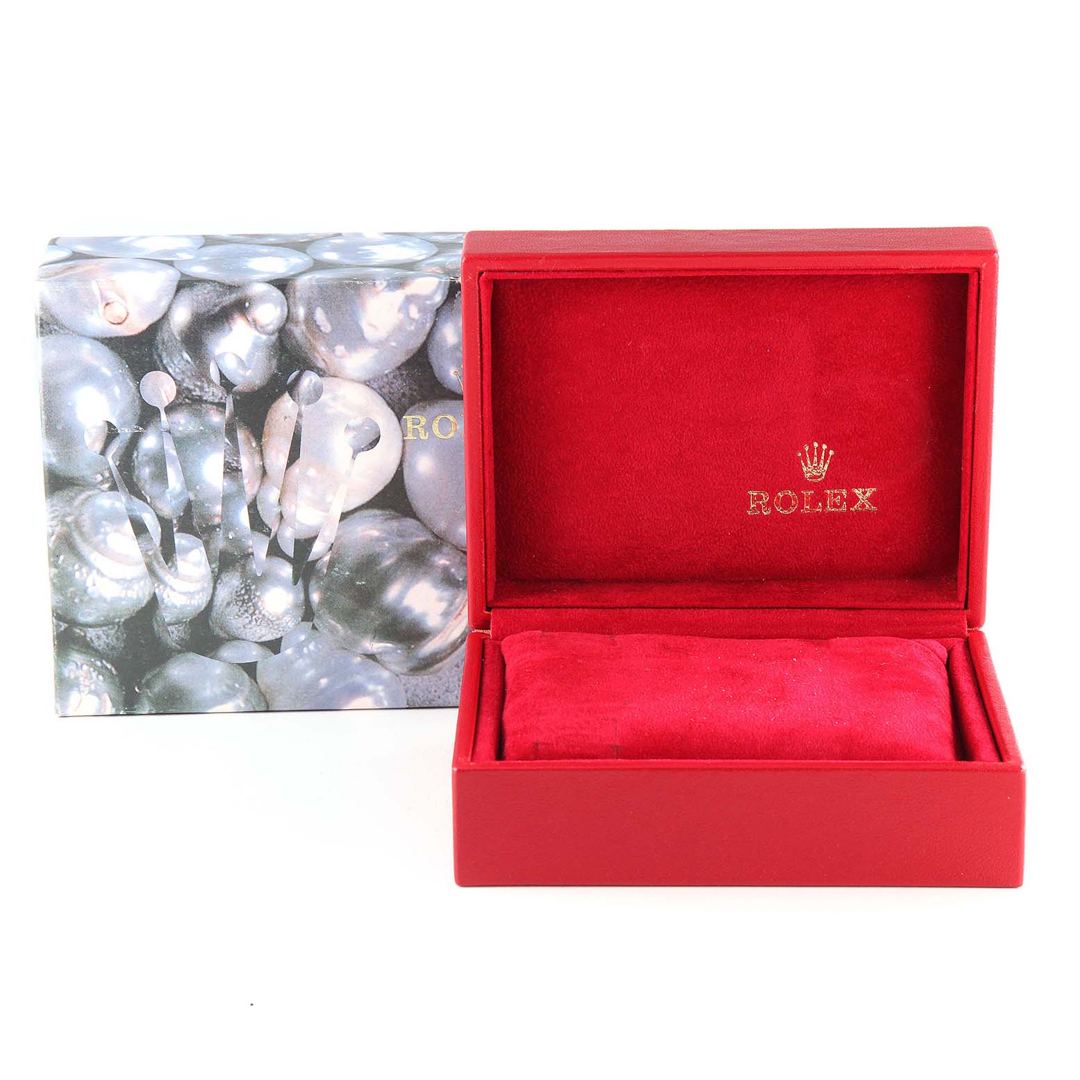 This image shows the packaging and inner red velvet-inside box for a Rolex Datejust 79173 Women's Steel and Gold (two tone) Silver Dial 79173 Women's Steel and Gold (two tone) Silver Dial watch, with the brand's logo prominently displayed.
