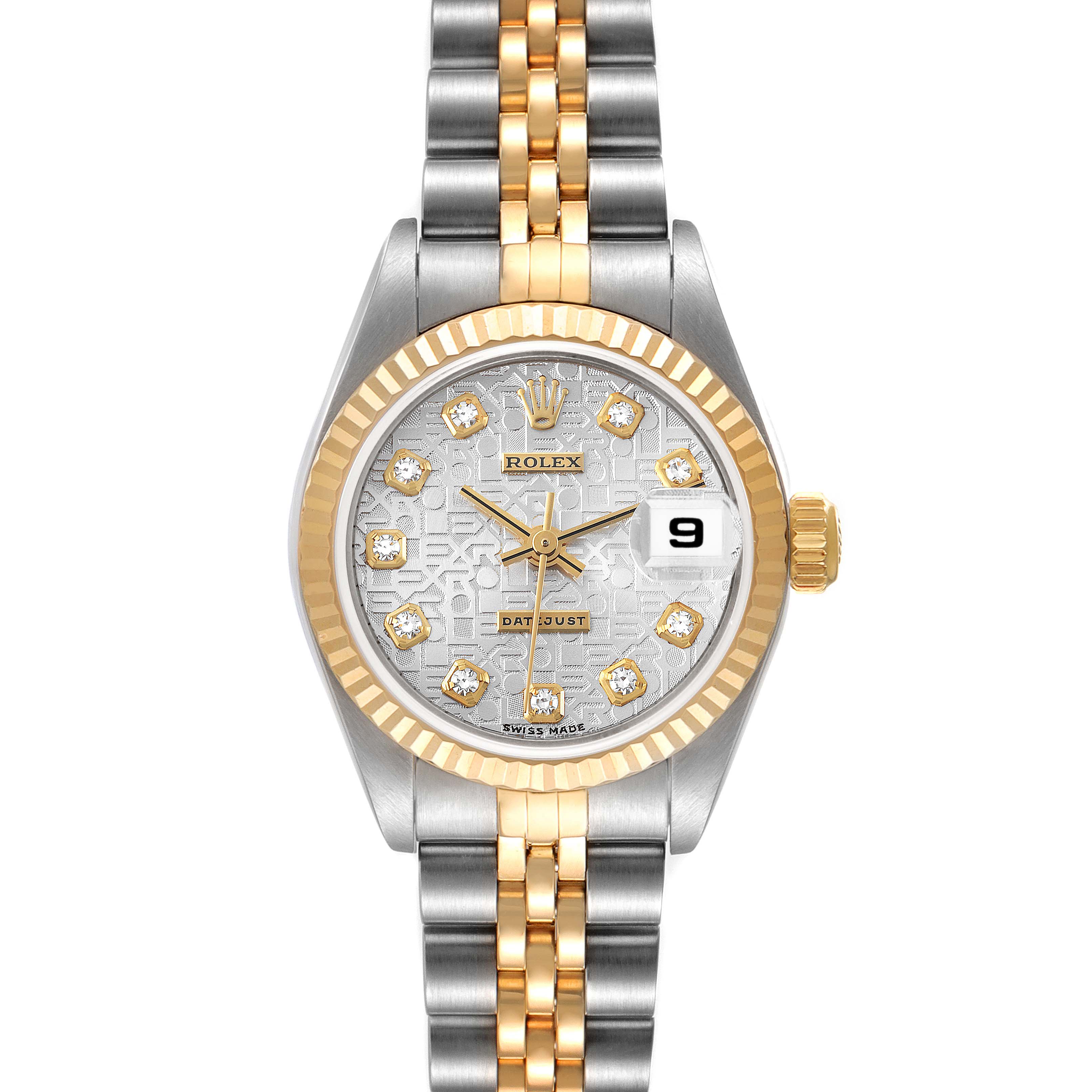The image shows a Rolex Datejust 79173 Women's Steel and Gold (two tone) Silver Dial 79173 Women's Steel and Gold (two tone) Silver Dial watch from the front, highlighting the dial, bezel, and two-tone bracelet.