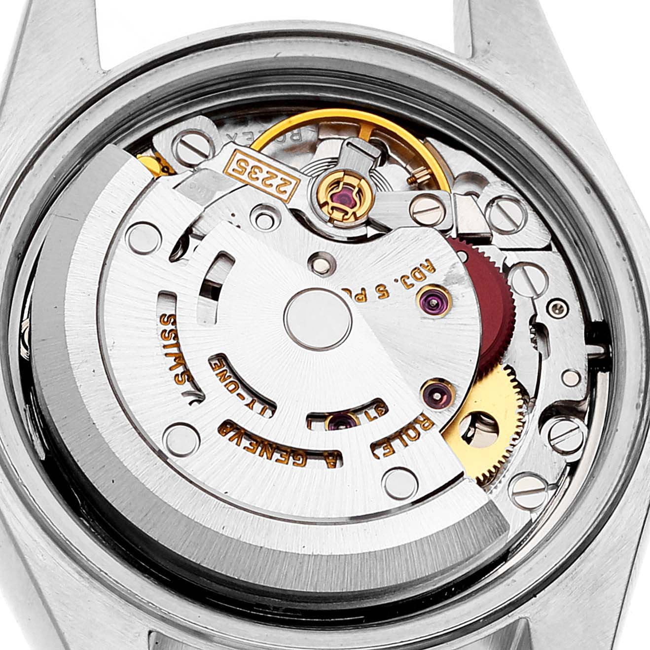 The image shows the inner mechanical movement of a Rolex Datejust 79173 Women's Steel and Gold (two tone) Silver Dial 79173 Women's Steel and Gold (two tone) Silver Dial watch from a rear angle.