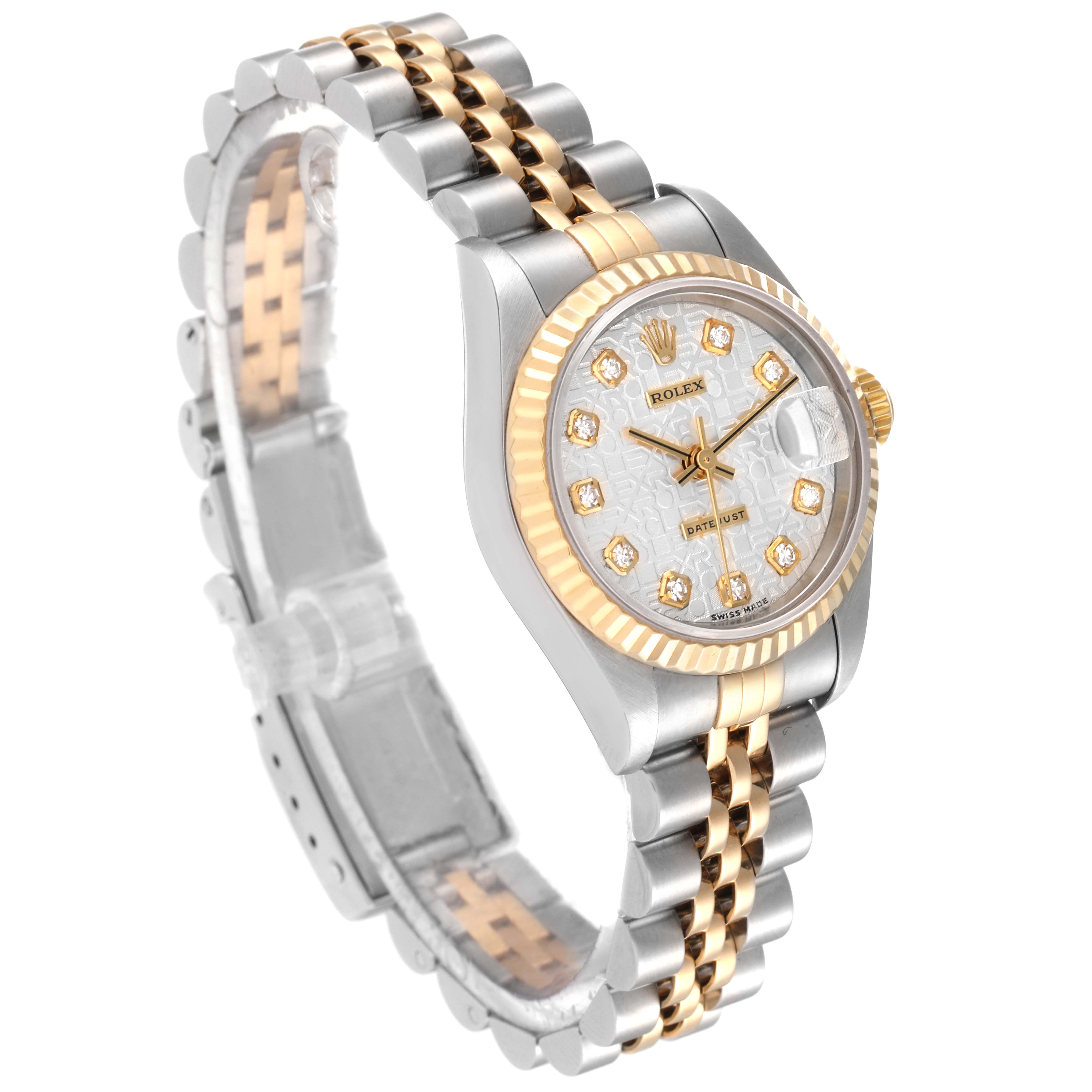 The Rolex Datejust 79173 Women's Steel and Gold (two tone) Silver Dial 79173 Women's Steel and Gold (two tone) Silver Dial watch is shown at an angle highlighting the dial, bezel, and two-tone bracelet.