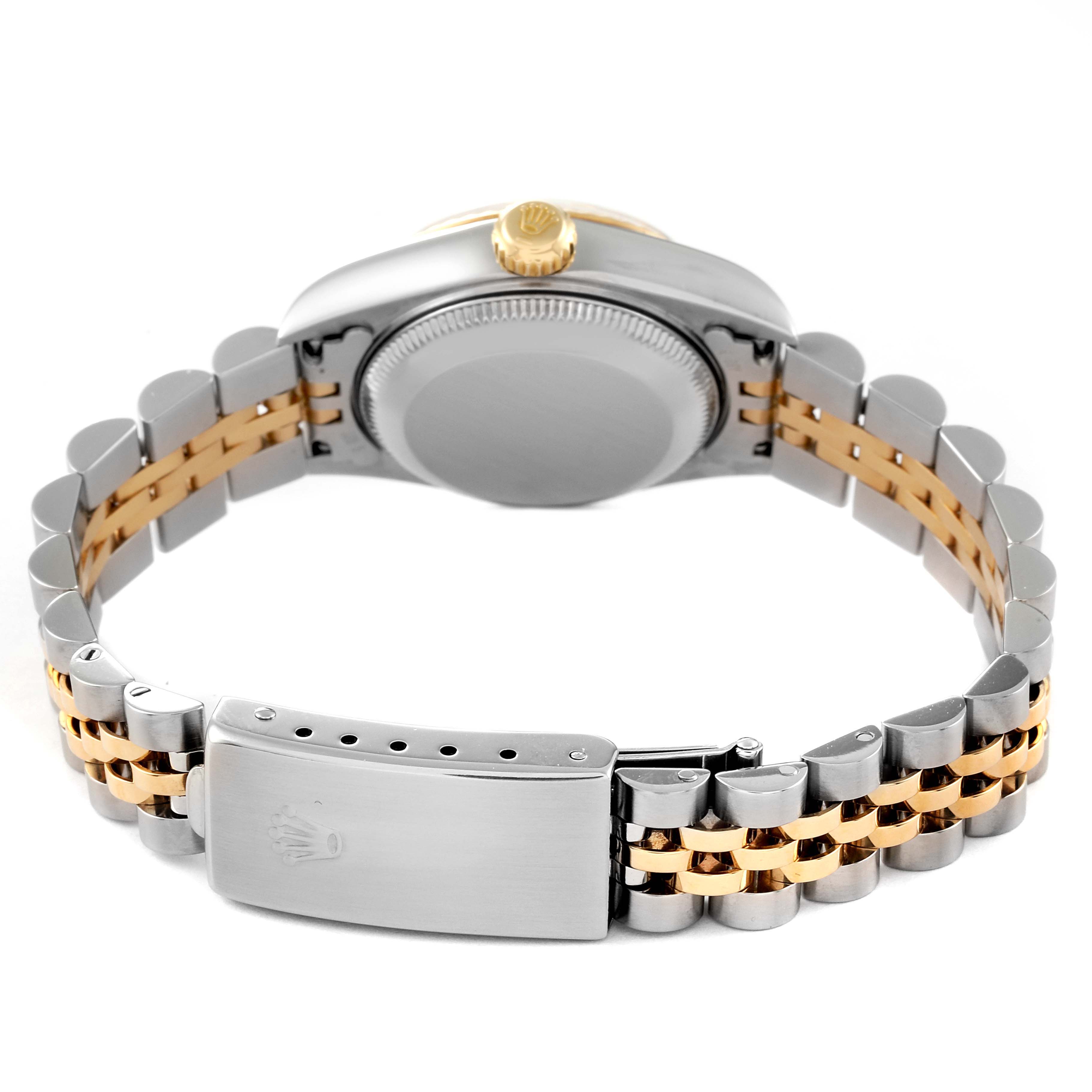 This image shows the back case and clasp of a Rolex Datejust 79173 Women's Steel and Gold (two tone) Silver Dial 79173 Women's Steel and Gold (two tone) Silver Dial watch, highlighting its two-tone metal bracelet.