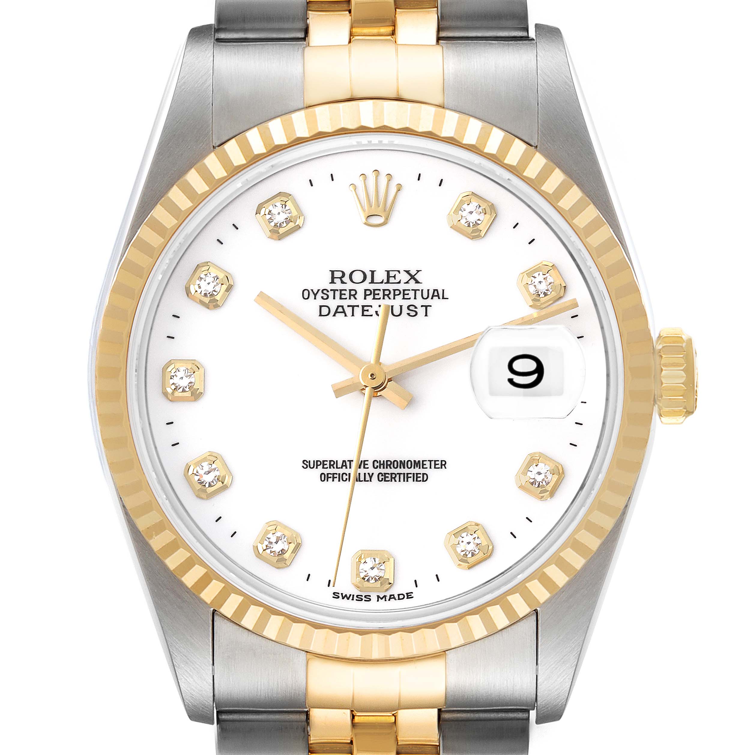 This is a frontal view of a Rolex Datejust 16233 Men's Steel and Gold (two tone) White Dial 16233 Men's Steel and Gold (two tone) White Dial watch, showcasing the dial, bezel, crown, and part of the bracelet.