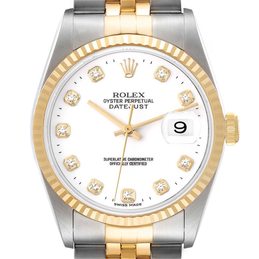 Rolex Datejust Steel Yellow Gold White Diamond Dial Mens Watch 16233 SwissWatchExpo