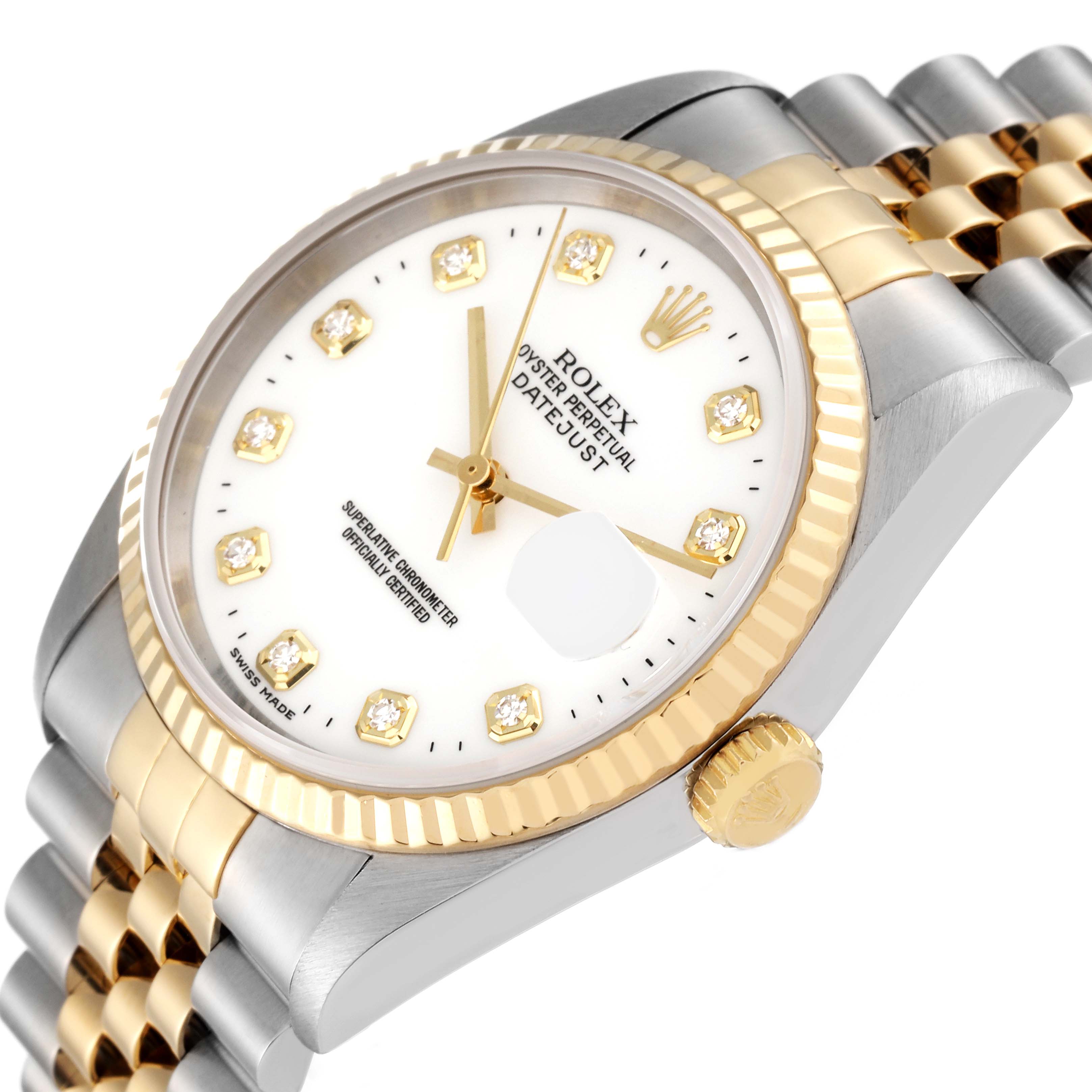 This image shows a close-up angle of a Rolex Datejust 16233 Men's Steel and Gold (two tone) White Dial 16233 Men's Steel and Gold (two tone) White Dial watch, highlighting the dial, bezel, and part of the bracelet.
