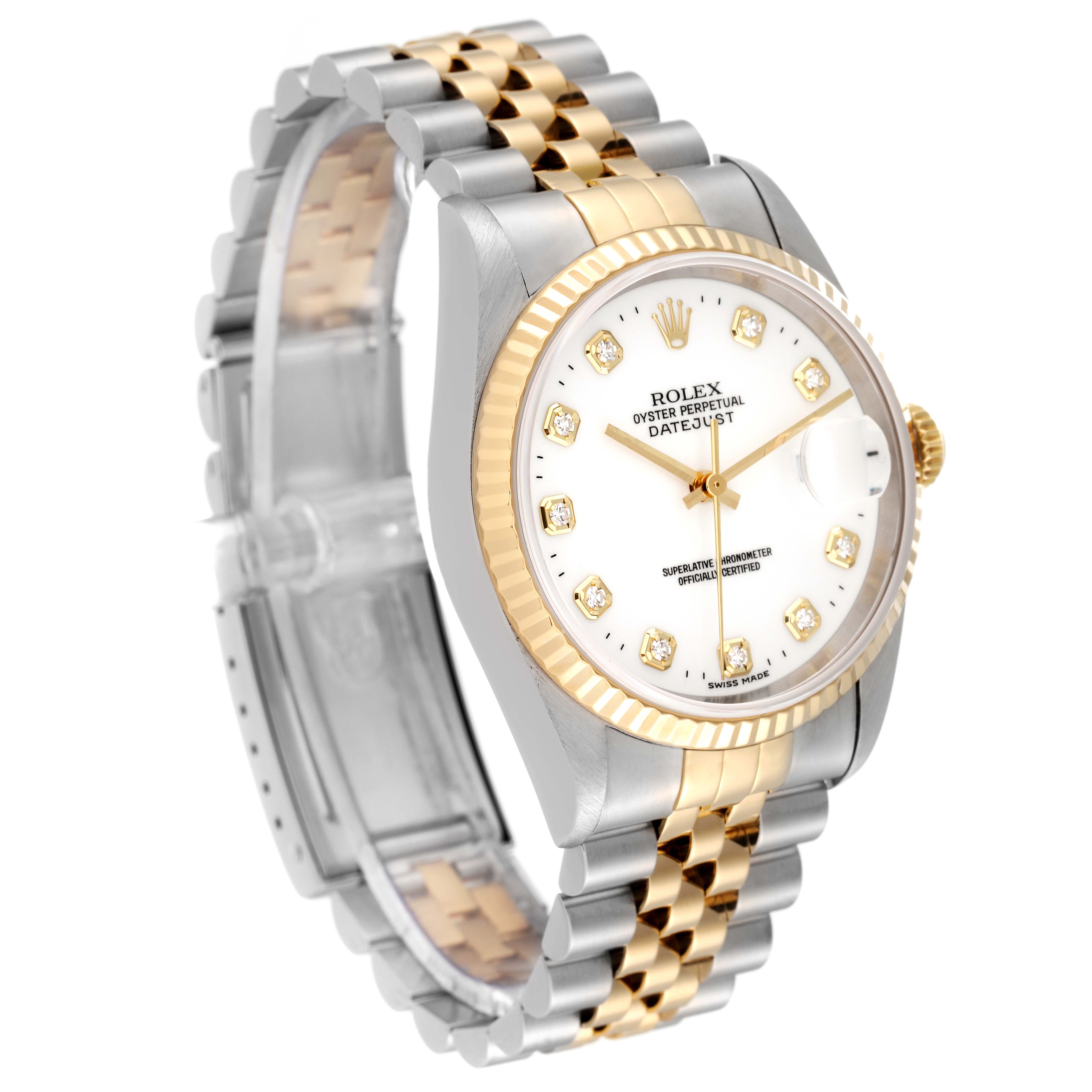 This image shows a Rolex Datejust 16233 Men's Steel and Gold (two tone) White Dial 16233 Men's Steel and Gold (two tone) White Dial watch at an oblique angle, highlighting the dial, bezel, and Jubilee bracelet.