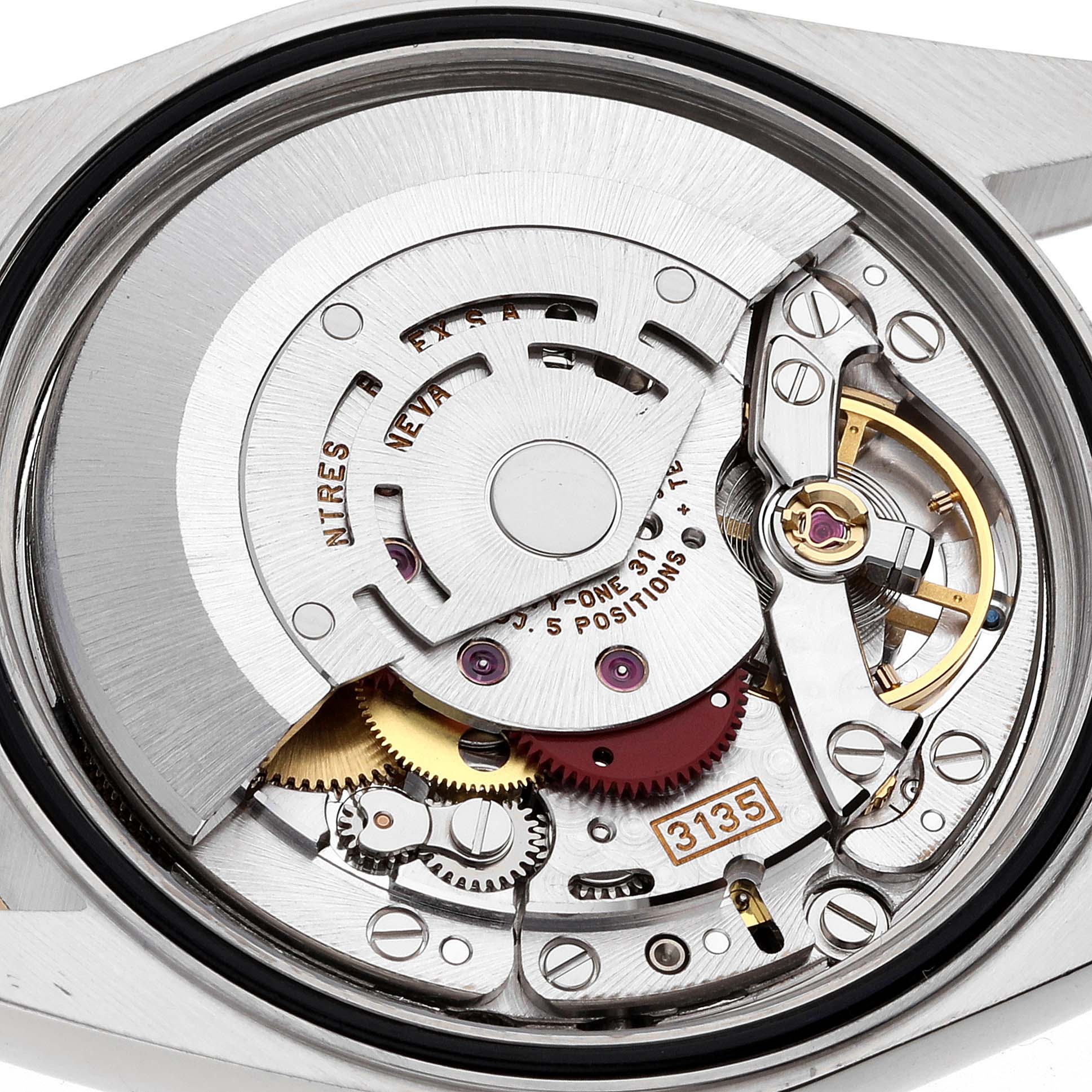 This image shows an internal view of the Rolex Datejust 16233 Men's Steel and Gold (two tone) White Dial 16233 Men's Steel and Gold (two tone) White Dial watch caliber 3135 movement from the back.
