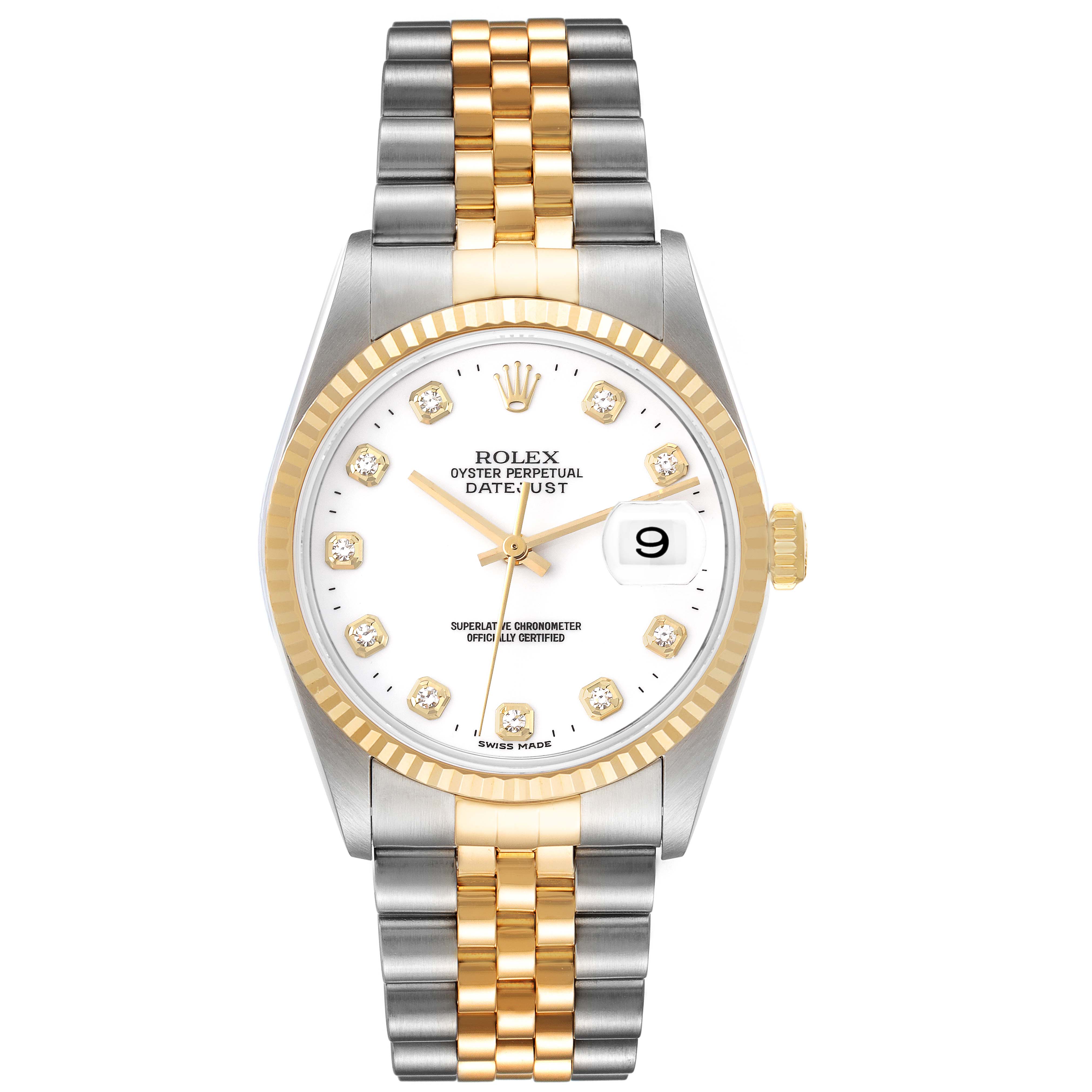 This image shows the front view of a Rolex Datejust 16233 Men's Steel and Gold (two tone) White Dial 16233 Men's Steel and Gold (two tone) White Dial watch, featuring a gold and silver bracelet and diamond hour markers.