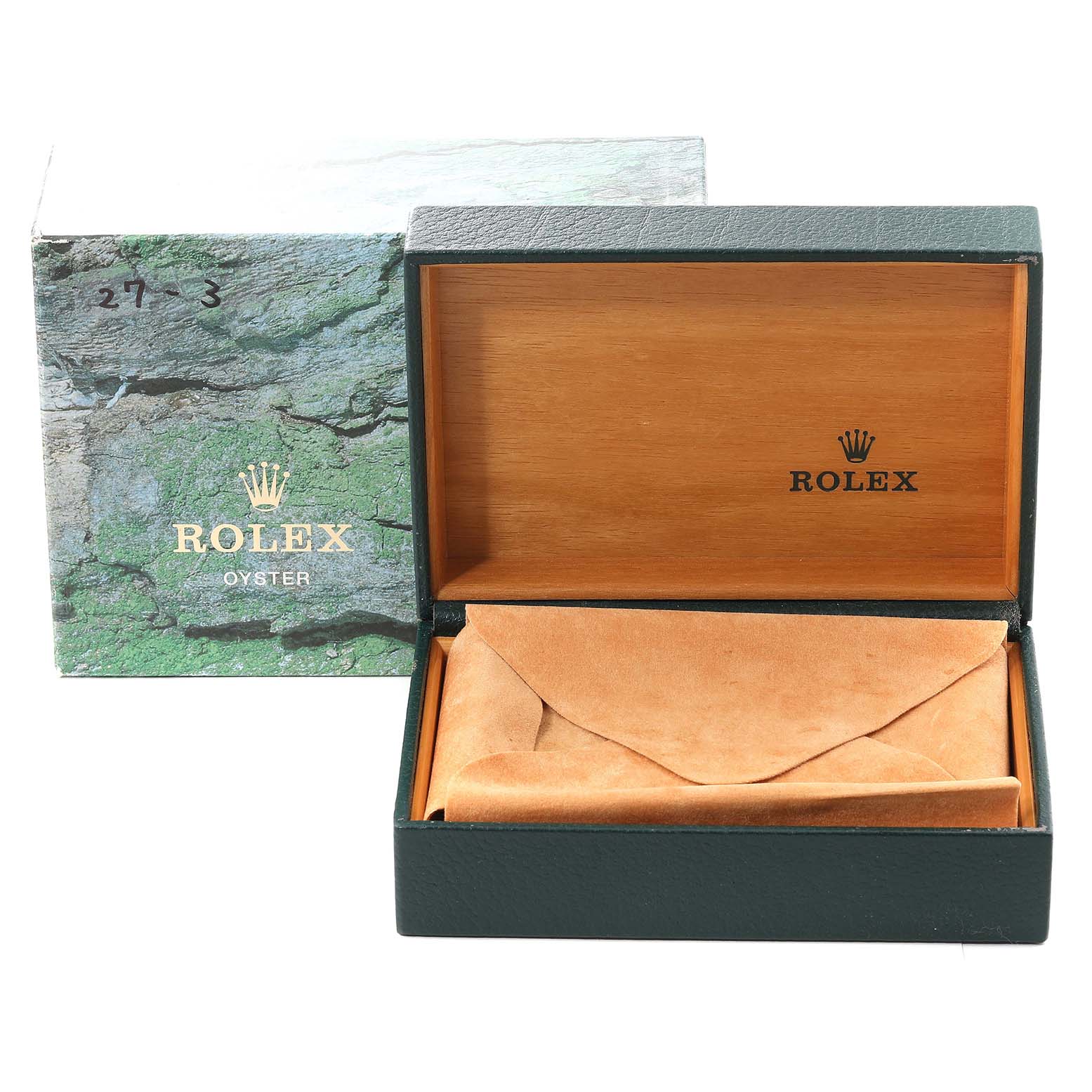 This image shows the open wooden interior and leather cushion of a Rolex Datejust 16233 Men's Steel and Gold (two tone) White Dial 16233 Men's Steel and Gold (two tone) White Dial watch box with the outer packaging visible.