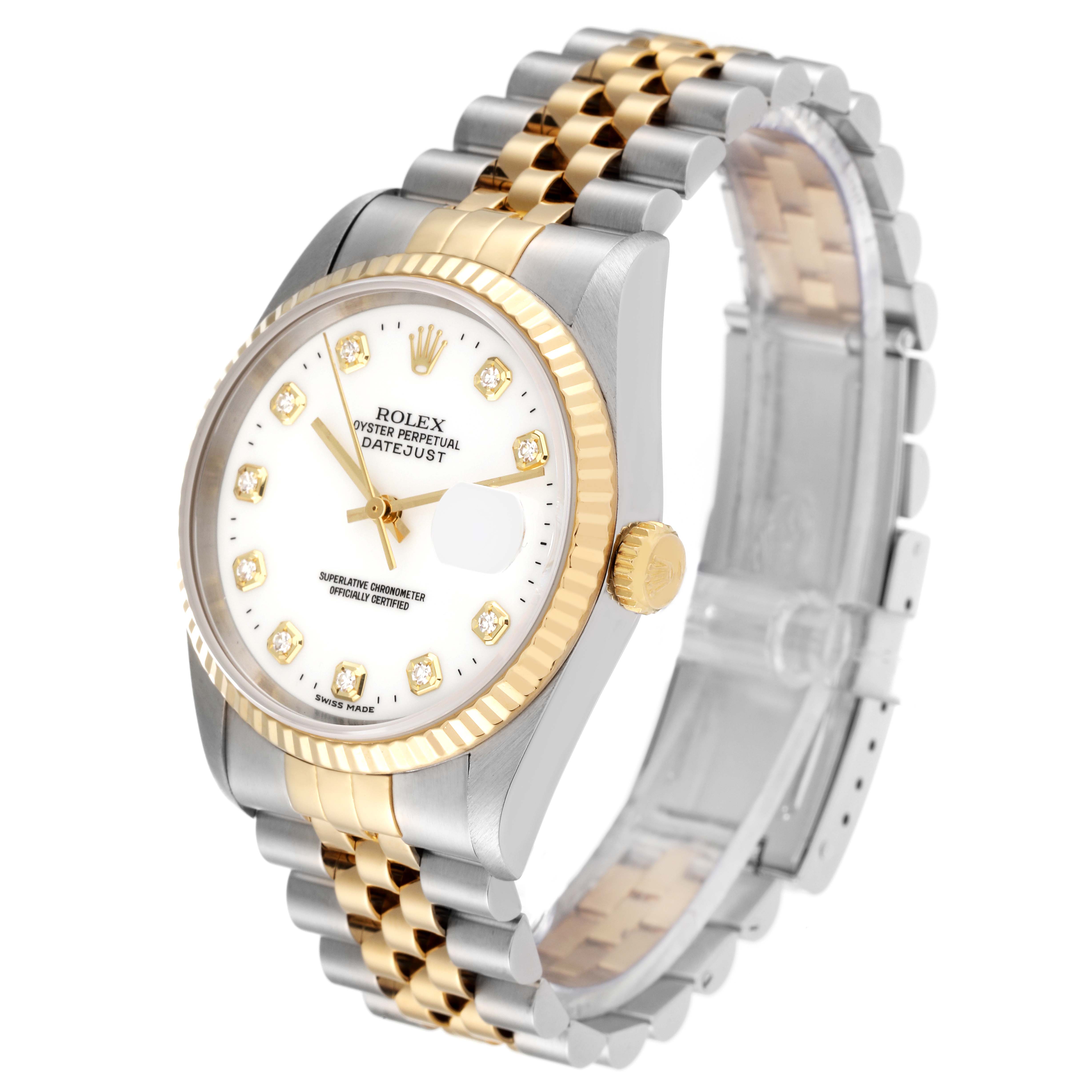 The image shows a Rolex Datejust 16233 Men's Steel and Gold (two tone) White Dial 16233 Men's Steel and Gold (two tone) White Dial watch, angled to display the dial, fluted bezel, and jubilee bracelet.
