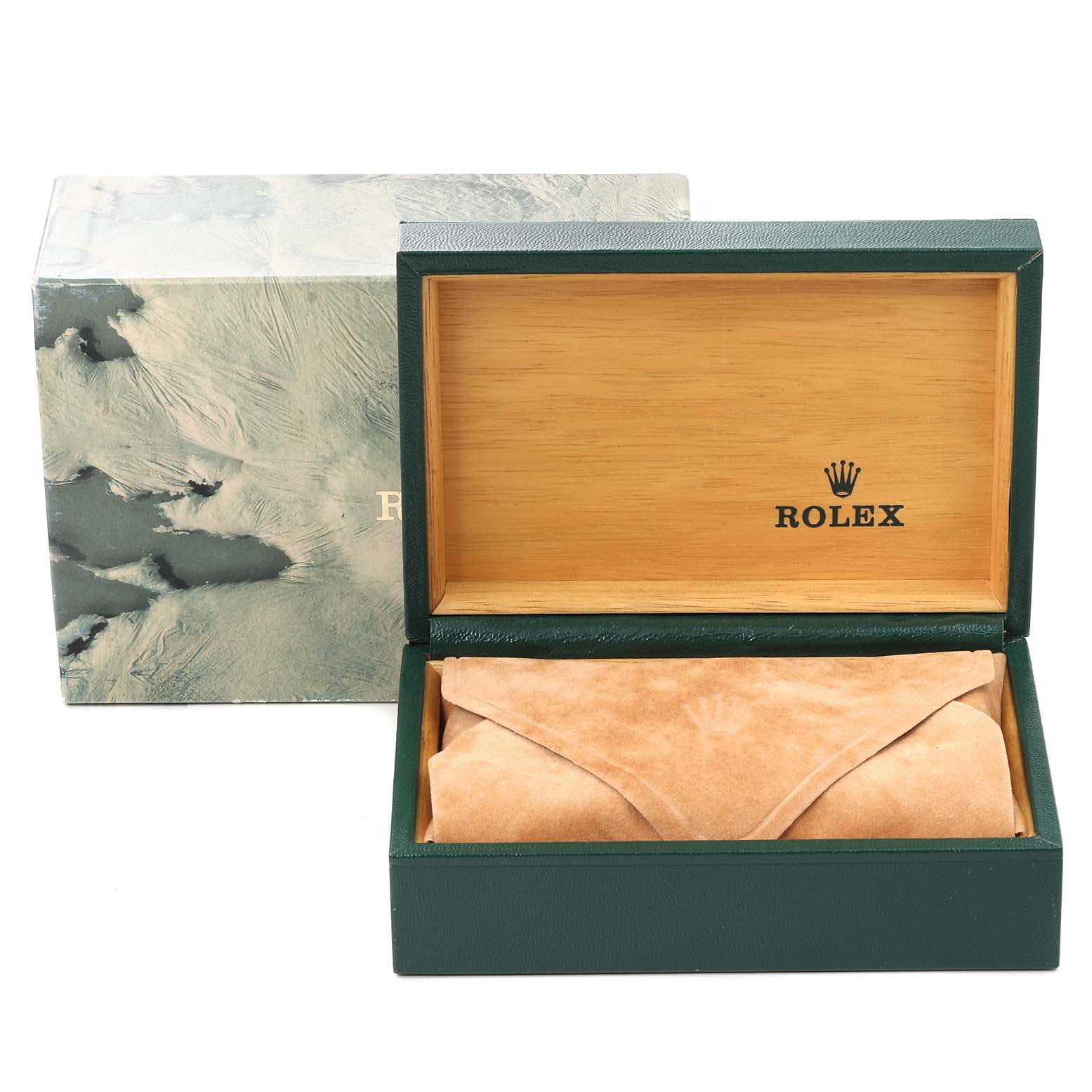 The image shows the open box of a Rolex Turn-o-Graph 16263 Men's Steel and Gold (two tone) Champagne Dial 16263 Men's Steel and Gold (two tone) Champagne Dial watch, featuring a green outer box and a wooden interior.