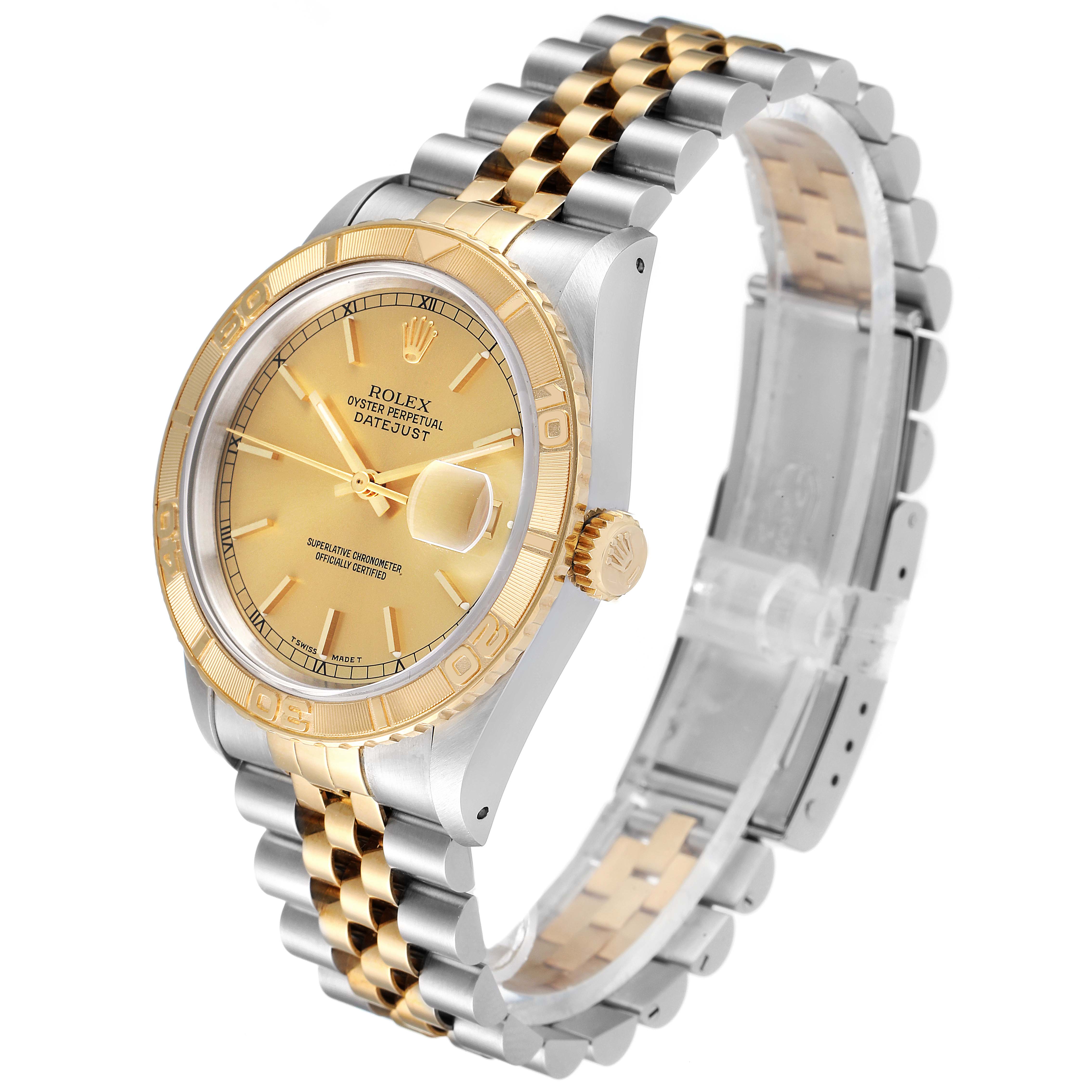 This image shows a Rolex Turn-o-Graph 16263 Men's Steel and Gold (two tone) Champagne Dial 16263 Men's Steel and Gold (two tone) Champagne Dial watch at an angled side view, highlighting the face, bezel, crown, and two-tone bracelet.