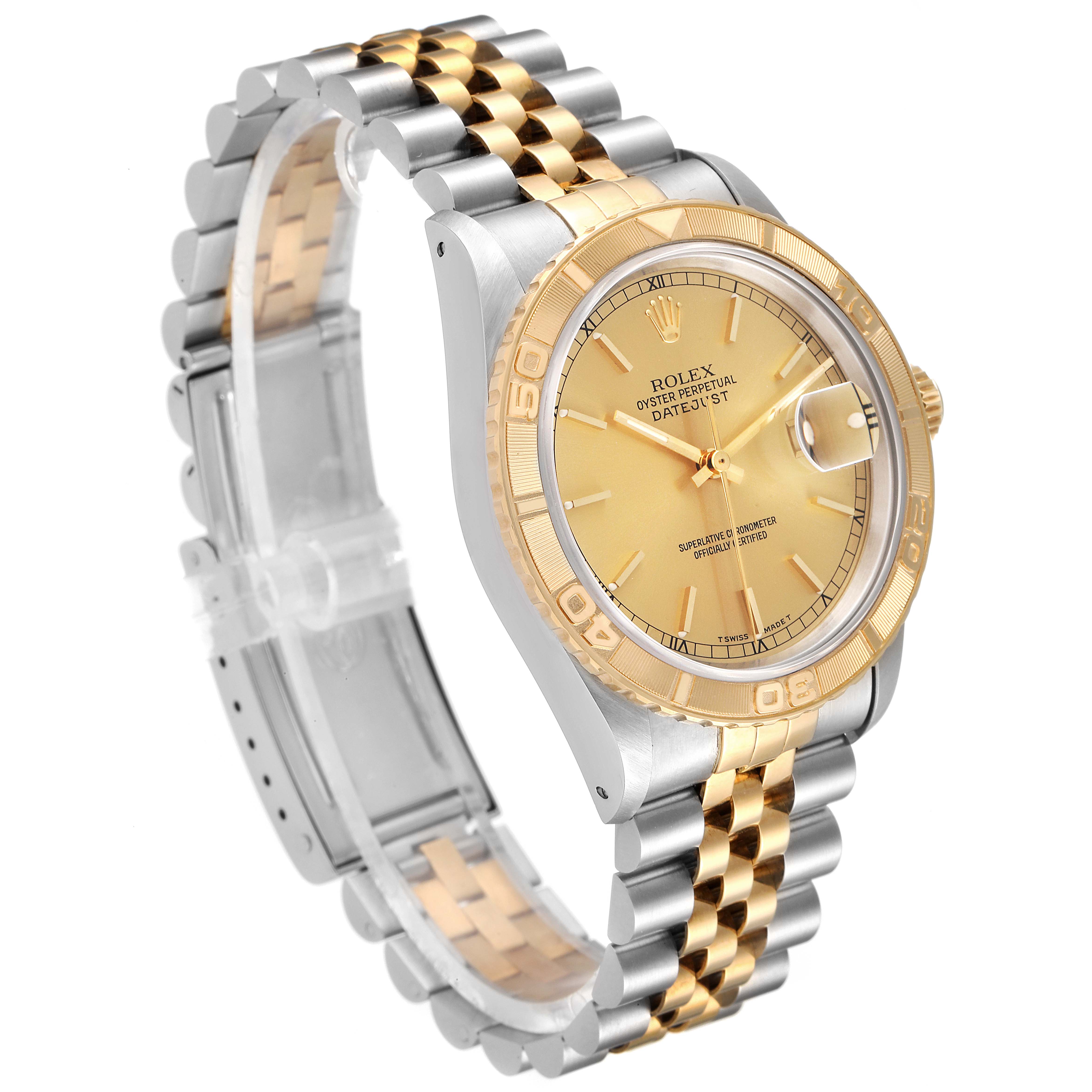 The Rolex Turn-o-Graph 16263 Men's Steel and Gold (two tone) Champagne Dial 16263 Men's Steel and Gold (two tone) Champagne Dial watch is shown at a slight angle, highlighting its gold bezel, dial, and two-tone bracelet.