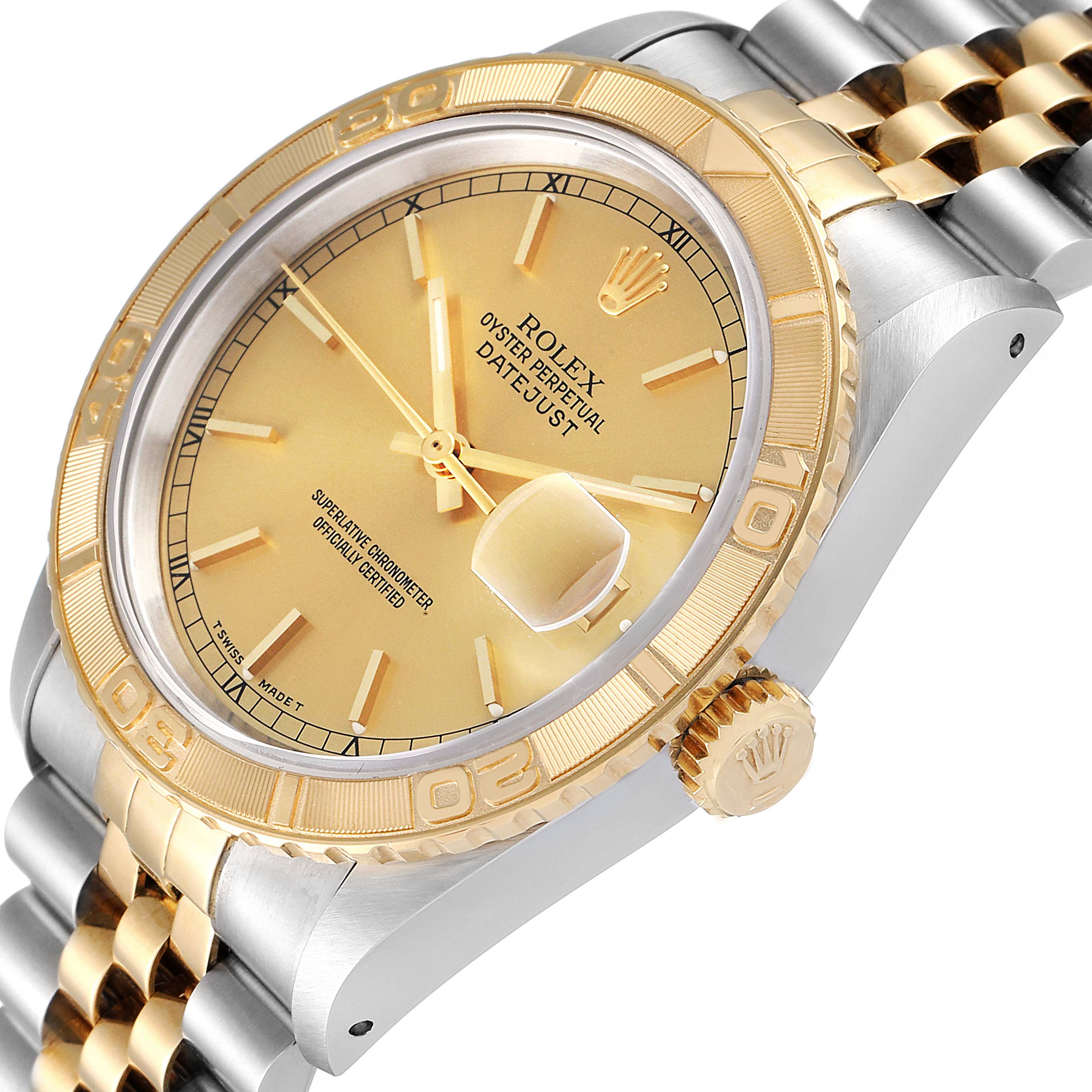The image shows a Rolex Turn-o-Graph 16263 Men's Steel and Gold (two tone) Champagne Dial 16263 Men's Steel and Gold (two tone) Champagne Dial watch at an angled close-up, highlighting the gold bezel, dial, and two-tone bracelet.