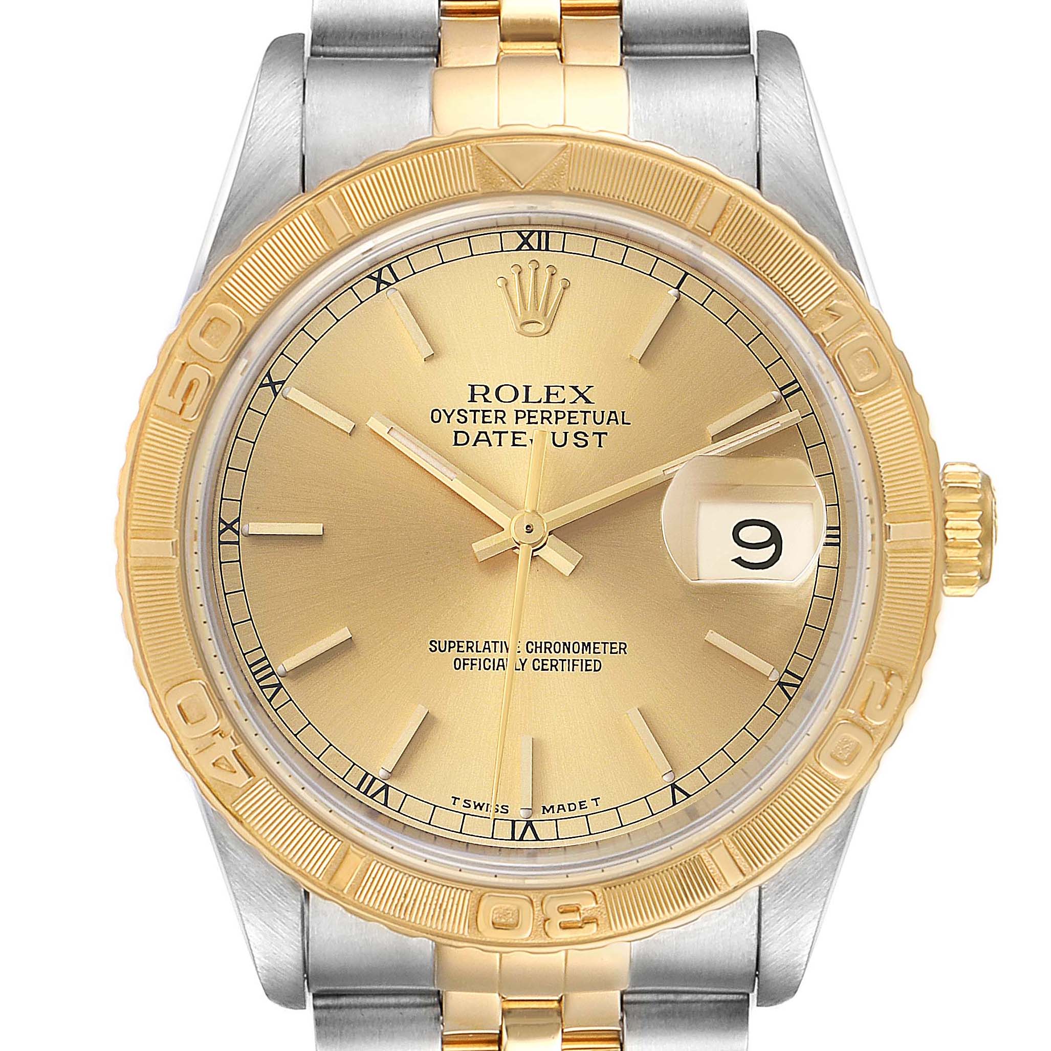 The image shows a Rolex Turn-o-Graph 16263 Men's Steel and Gold (two tone) Champagne Dial 16263 Men's Steel and Gold (two tone) Champagne Dial watch from a front angle, highlighting its gold bezel, dial, and part of the two-tone bracelet.