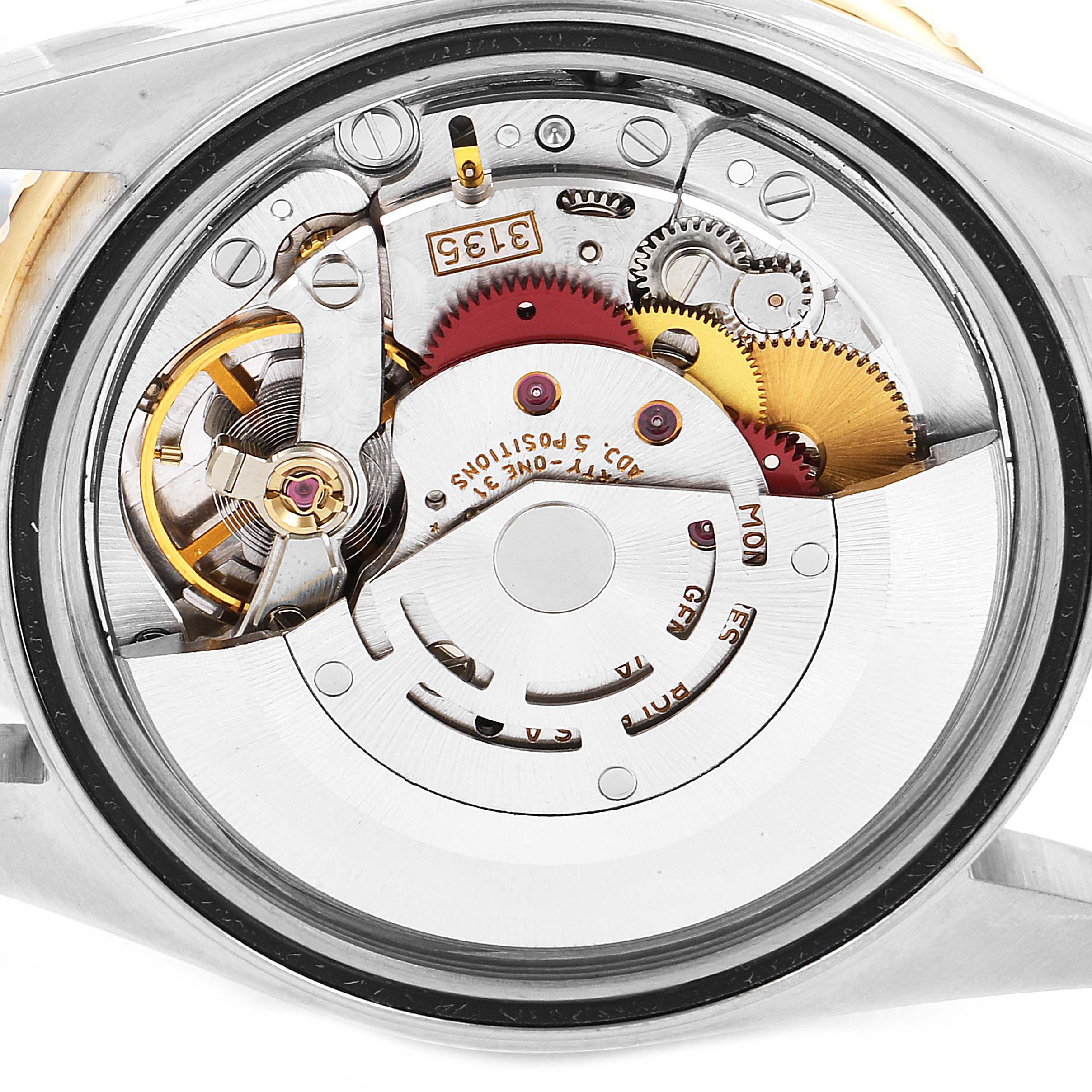 This image shows the inner mechanical movement of the Rolex Turn-o-Graph 16263 Men's Steel and Gold (two tone) Champagne Dial 16263 Men's Steel and Gold (two tone) Champagne Dial watch from a back angle without the case back.