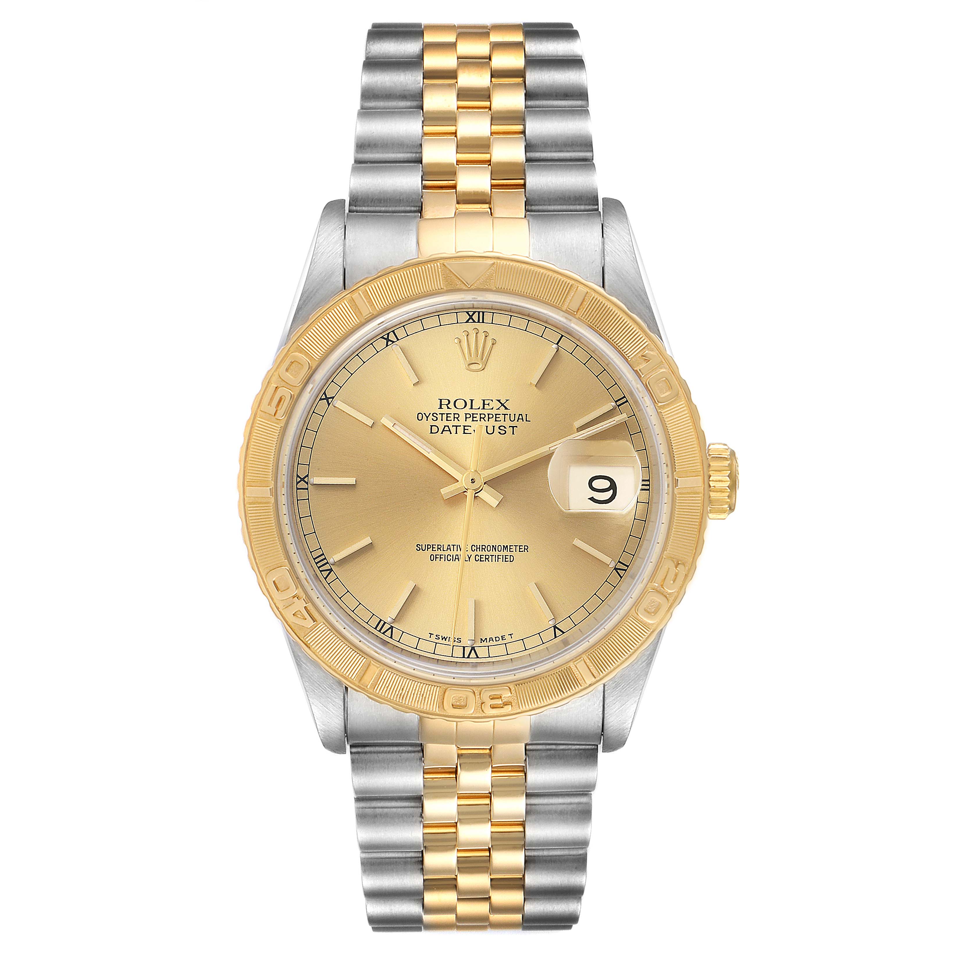 This image shows a front view of a Rolex Turn-o-Graph 16263 Men's Steel and Gold (two tone) Champagne Dial 16263 Men's Steel and Gold (two tone) Champagne Dial watch, showcasing its gold bezel, face, and two-tone metal bracelet.