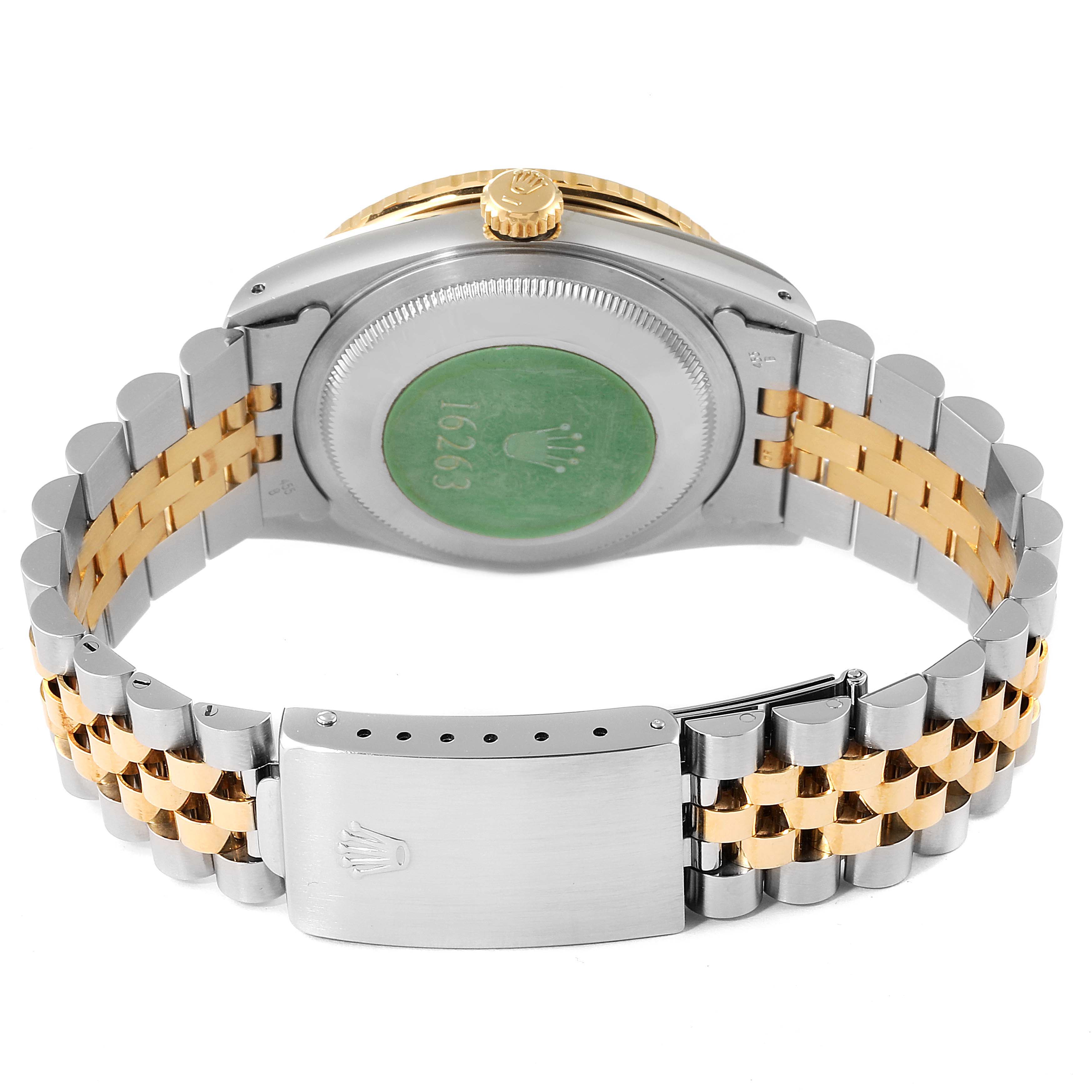 The image shows the back case and bracelet of a Rolex Turn-o-Graph 16263 Men's Steel and Gold (two tone) Champagne Dial 16263 Men's Steel and Gold (two tone) Champagne Dial watch, highlighting its two-tone metal design and clasp.