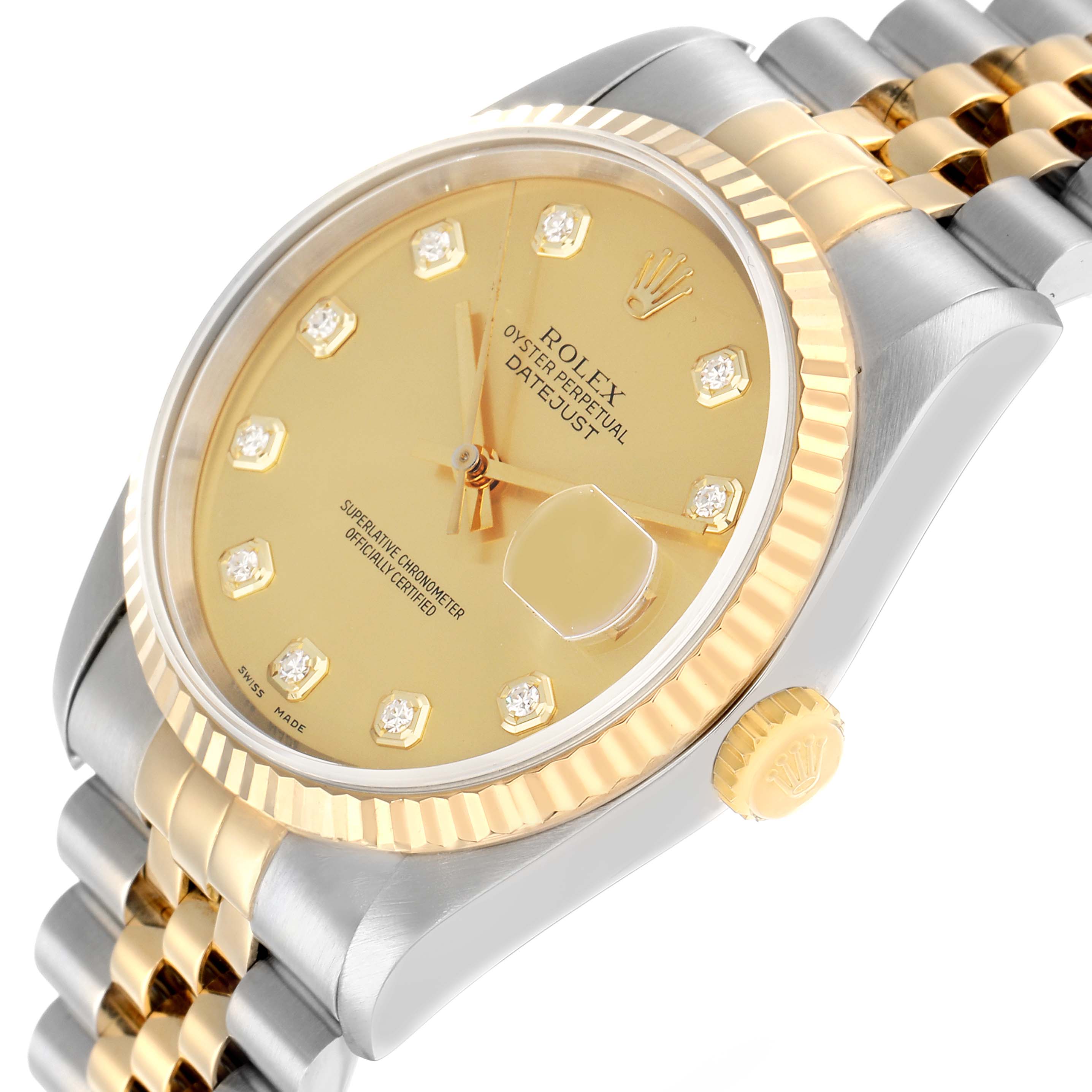 The Rolex Datejust 16233 Men
s Steel and Gold (two tone) Champagne Dial watch is shown at an oblique angle, highlighting its gold dial, diamond hour markers, fluted bezel, and two-tone bracelet.
