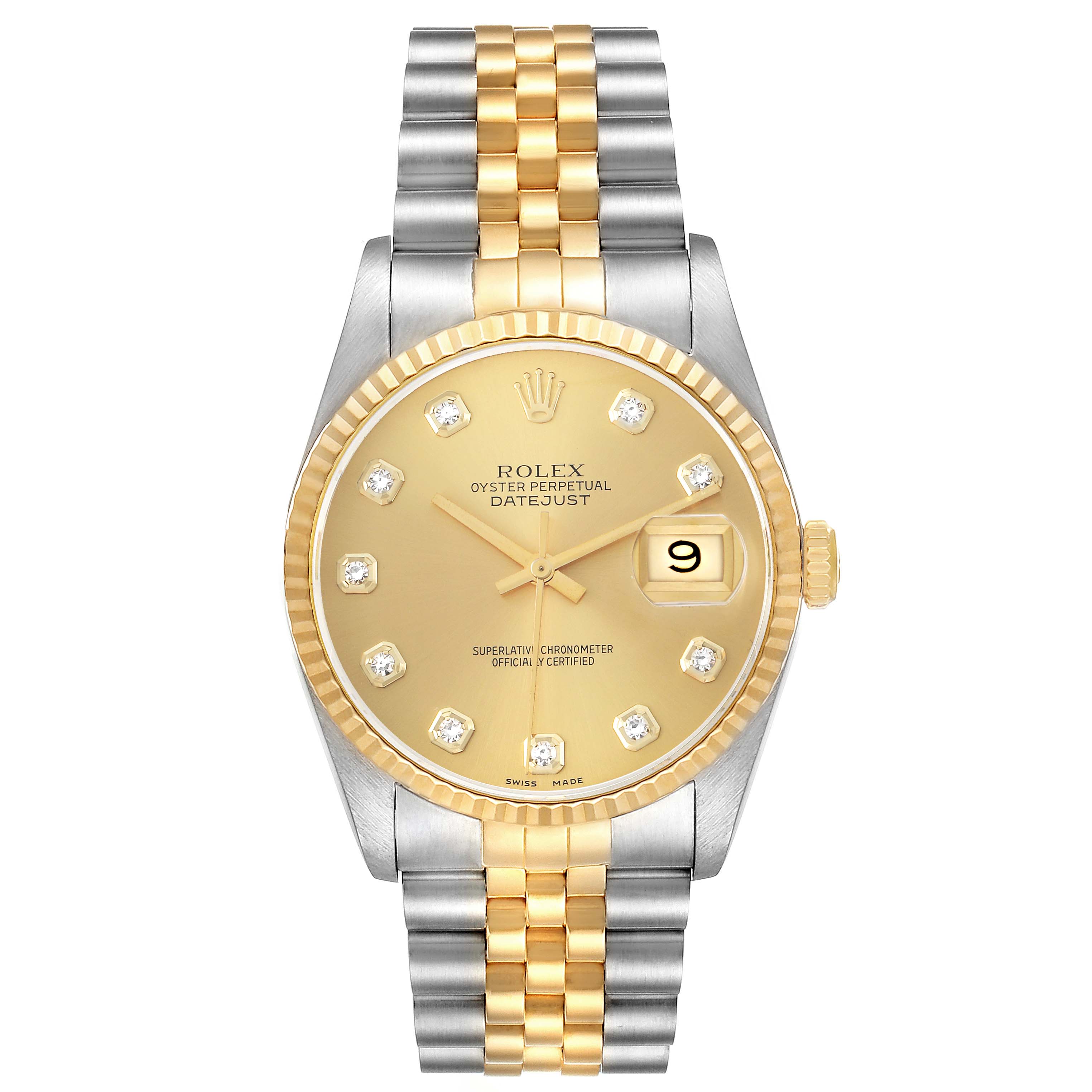 The Rolex Datejust 16233 Men
s Steel and Gold (two tone) Champagne Dial watch is shown from a top view, highlighting its gold-tone dial, diamond hour markers, cyclops date, and two-tone bracelet.