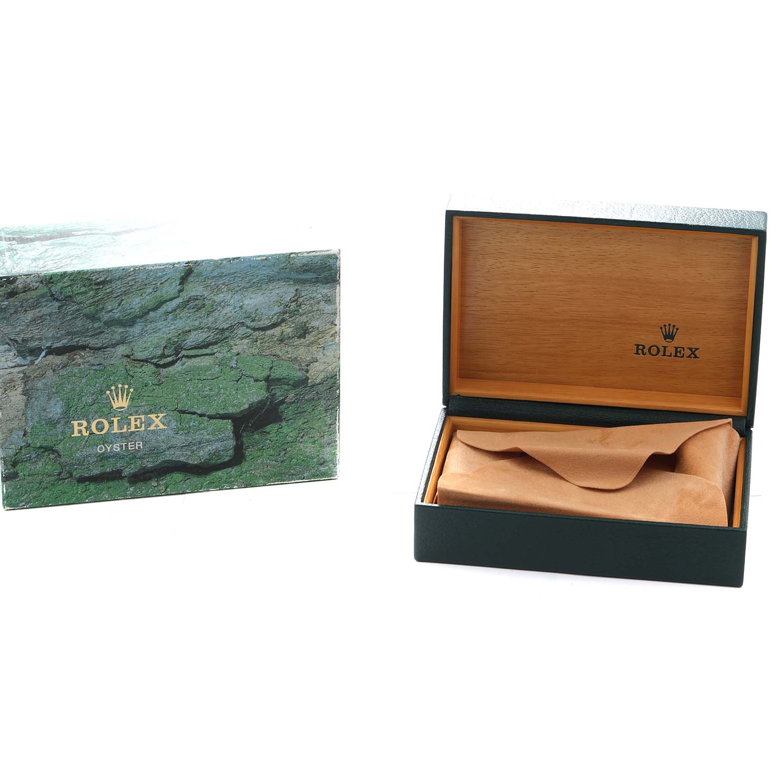 The image shows a Rolex Datejust 16233 Men
s Steel and Gold (two tone) Champagne Dial watch box and outer sleeve, viewed from an angle displaying the open box interior.