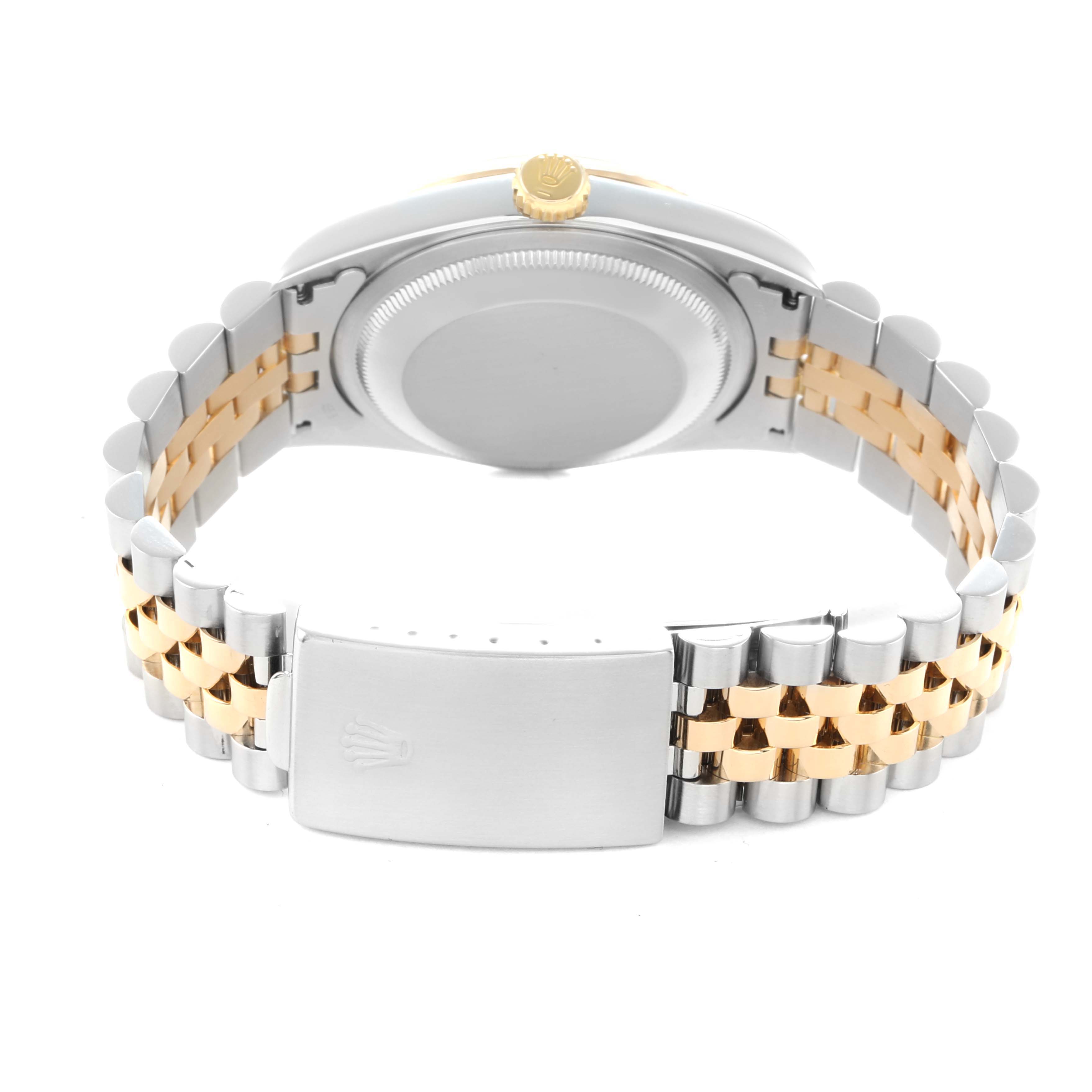 The image shows the back of a Rolex Datejust 16233 Men
s Steel and Gold (two tone) Champagne Dial watch, highlighting the clasp, bracelet, and case back from a rear angle.