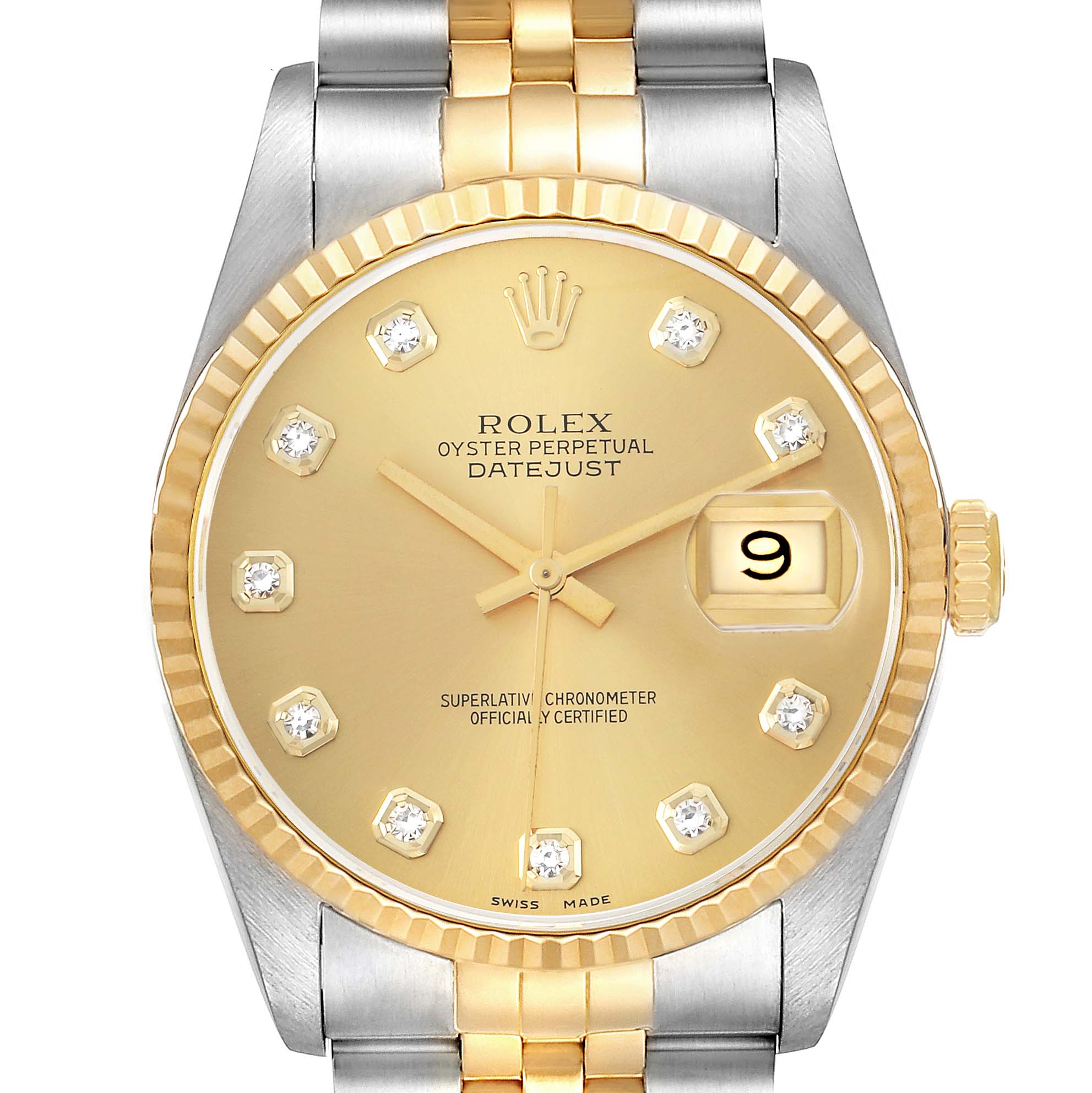 The Rolex Datejust 16233 Men
s Steel and Gold (two tone) Champagne Dial watch is shown from the front, highlighting its gold dial, diamond markers, fluted bezel, and jubilee bracelet.