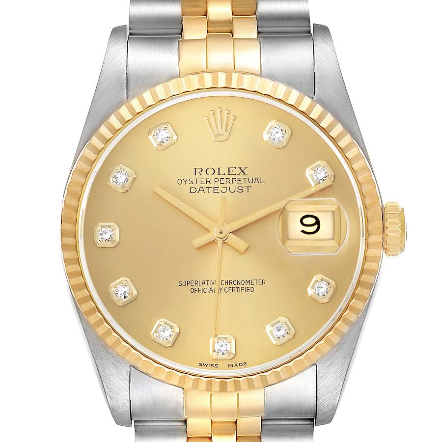 The Rolex Datejust 16233 Men's Steel and Gold (two tone) Champagne Dial watch is shown from the front, highlighting its gold dial, diamond markers, fluted bezel, and jubilee bracelet.