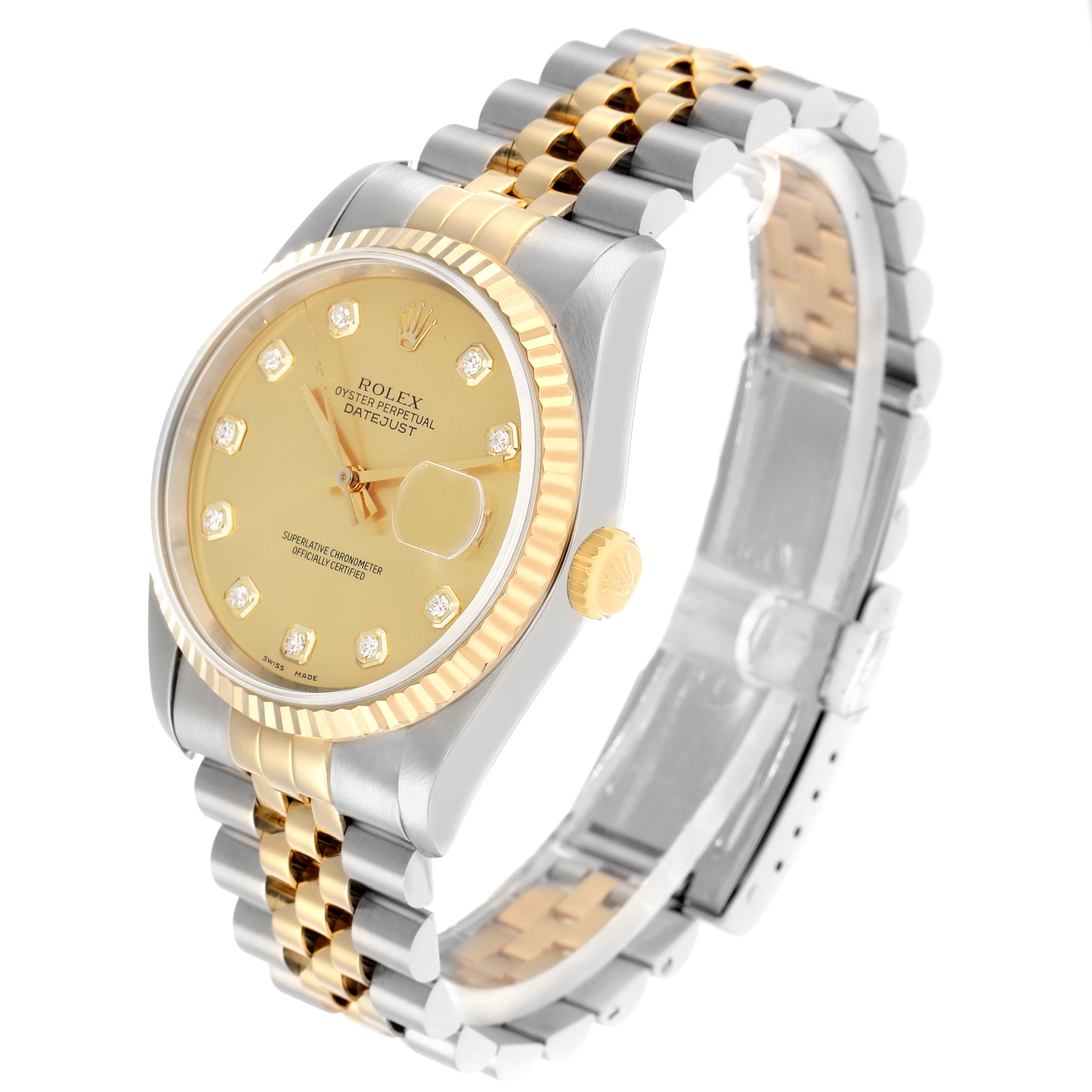 The Rolex Datejust 16233 Men
s Steel and Gold (two tone) Champagne Dial watch is shown at a slight angle, highlighting the gold and silver bracelet, gold bezel, and dial with diamond markers.