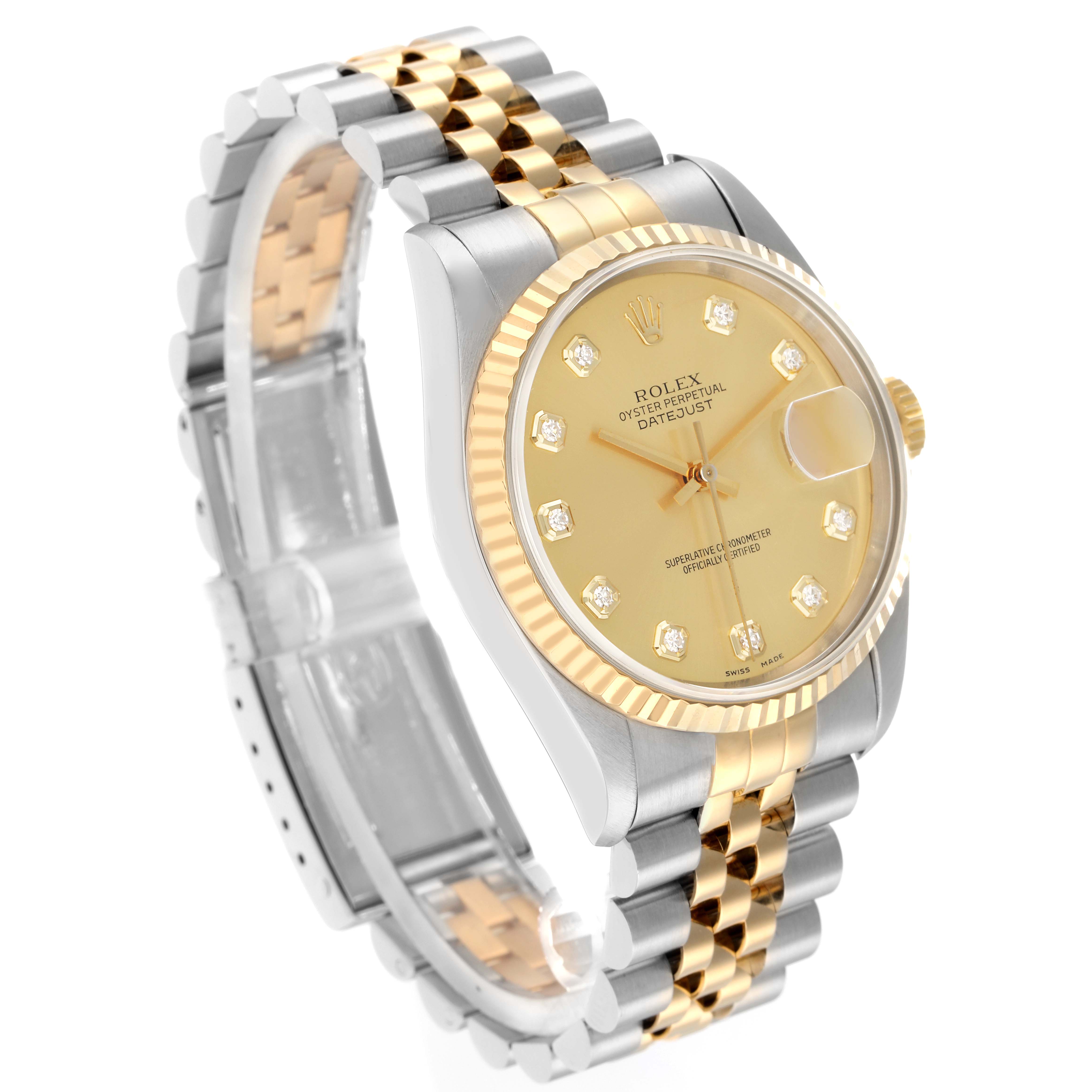 The image shows a Rolex Datejust 16233 Men
s Steel and Gold (two tone) Champagne Dial from a three-quarter angle, highlighting its dial, bezel, and two-tone bracelet.