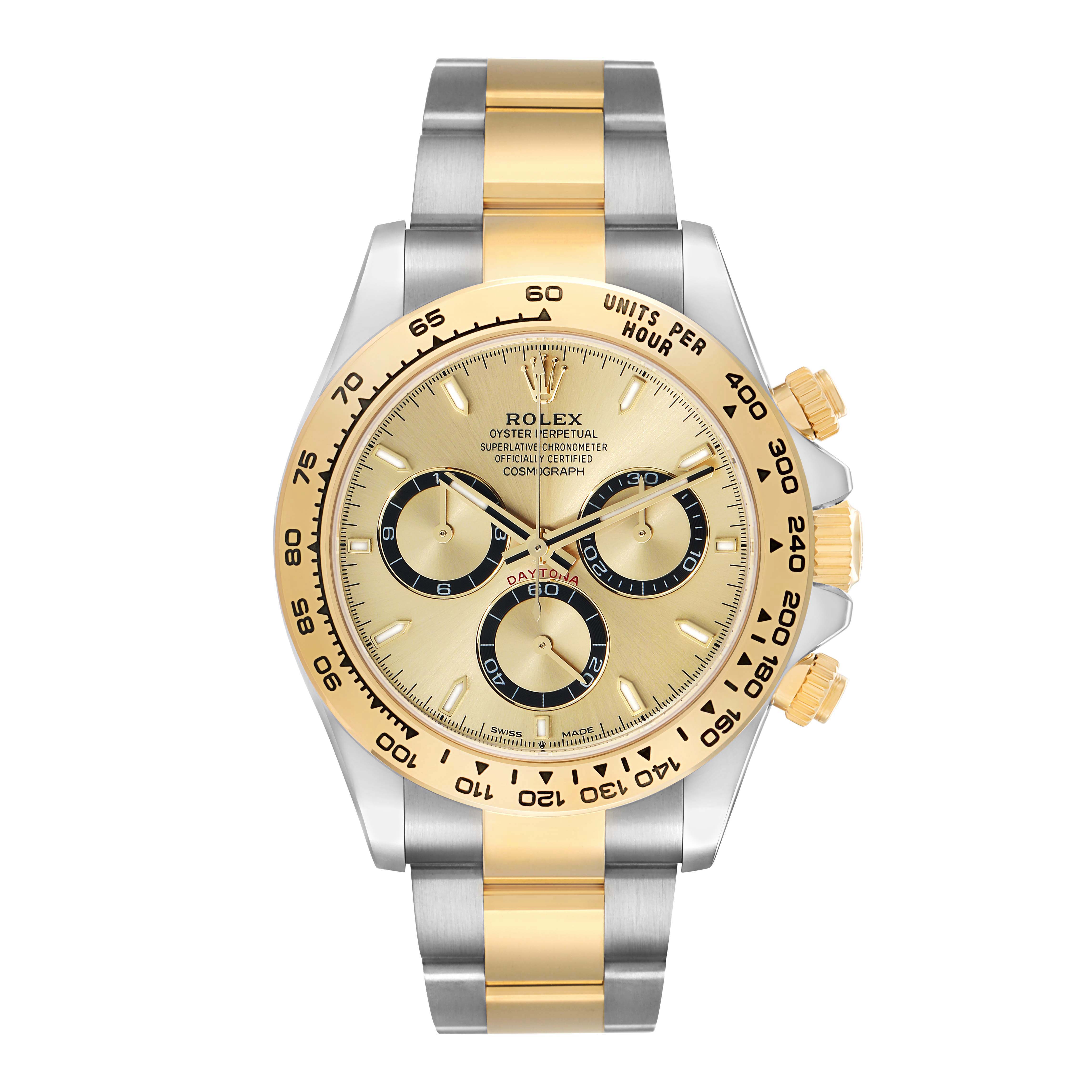 The Rolex Daytona 126503 Men
s Steel and Gold (two tone) Champagne Dial watch is shown from a top view, highlighting its gold and silver bracelet, bezel, and dial with subdials.