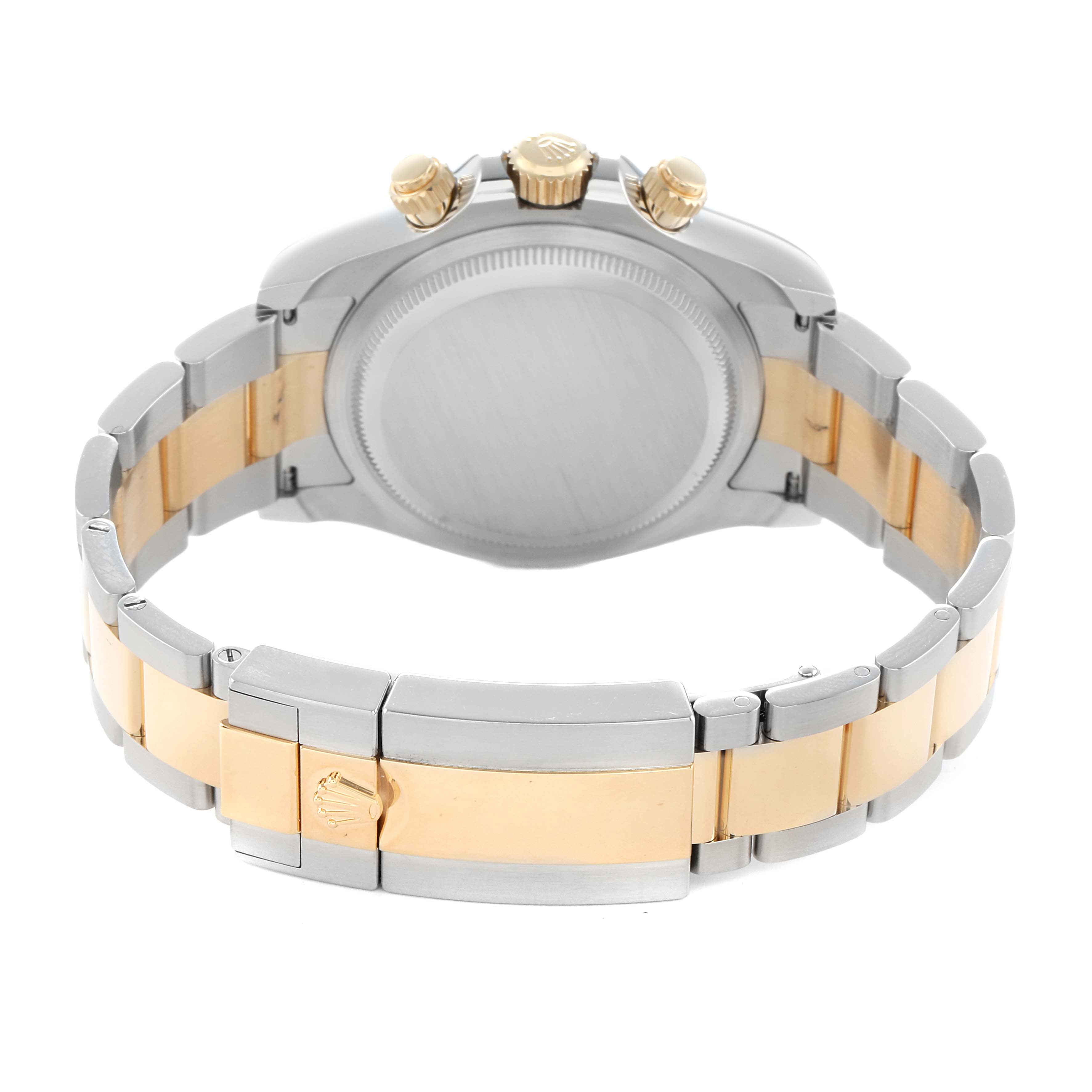 The image shows the back and bracelet of a Rolex Daytona 126503 Men
s Steel and Gold (two tone) Champagne Dial watch, highlighting the two-tone metal and clasp.