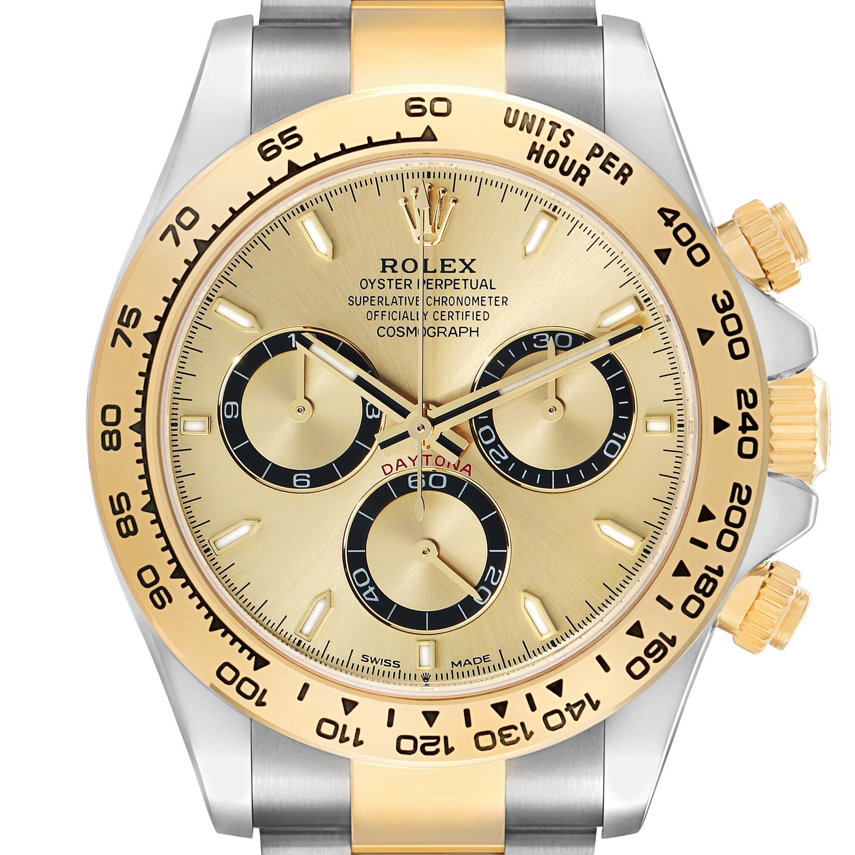The Rolex Daytona 126503 Men
s Steel and Gold (two tone) Champagne Dial watch is shown from the front, featuring its gold and silver case, dial, and chronograph subdials.
