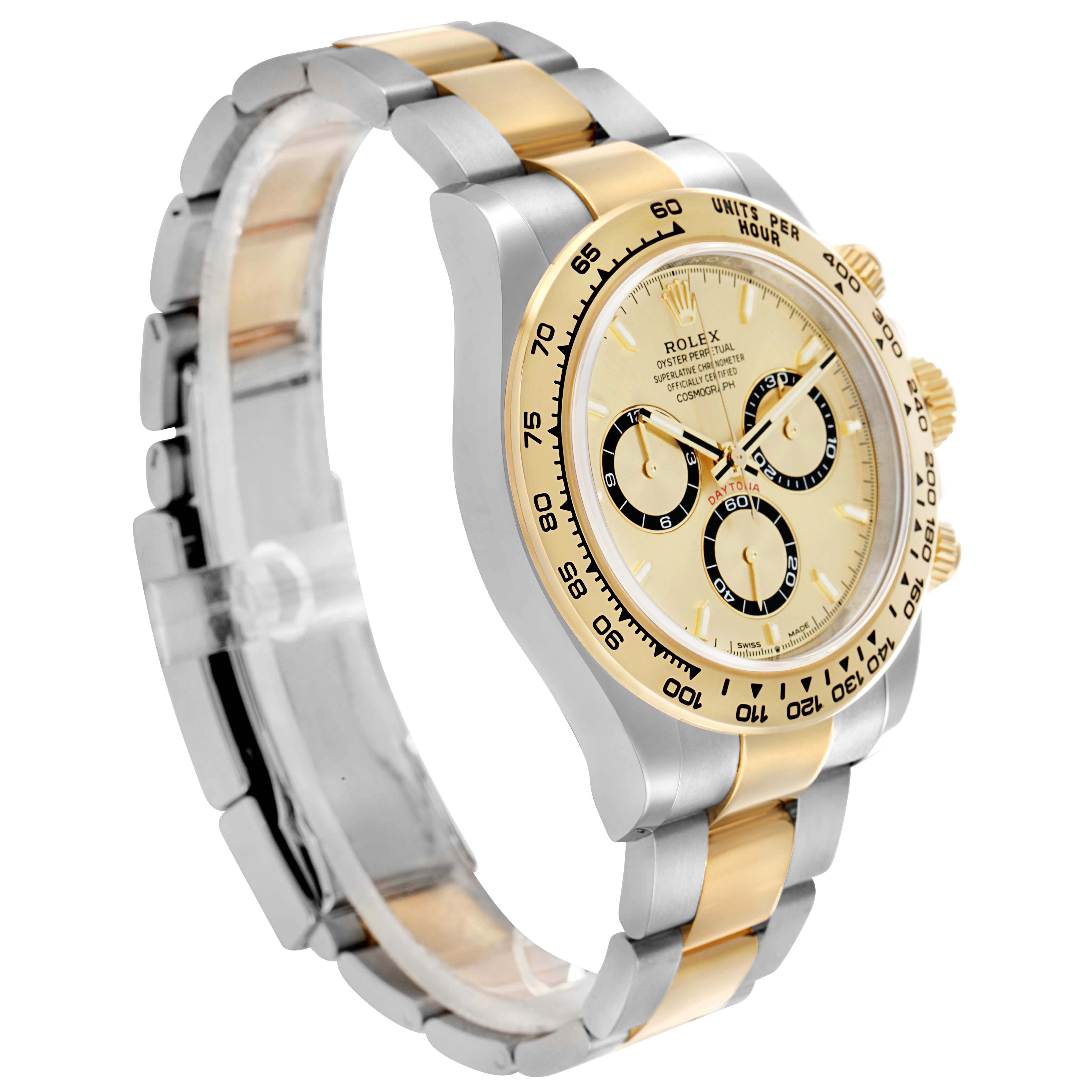 The Rolex Daytona 126503 Men
s Steel and Gold (two tone) Champagne Dial watch is shown at a three-quarter angle, highlighting the face, bezel, and two-tone bracelet.