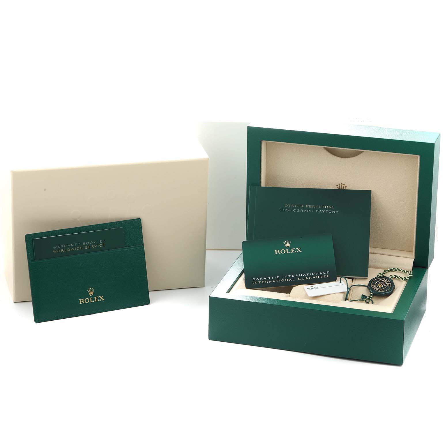 The image shows a Rolex Daytona 126503 Men
s Steel and Gold (two tone) Champagne Dial watch box set, including the open box, warranty card, and booklets.