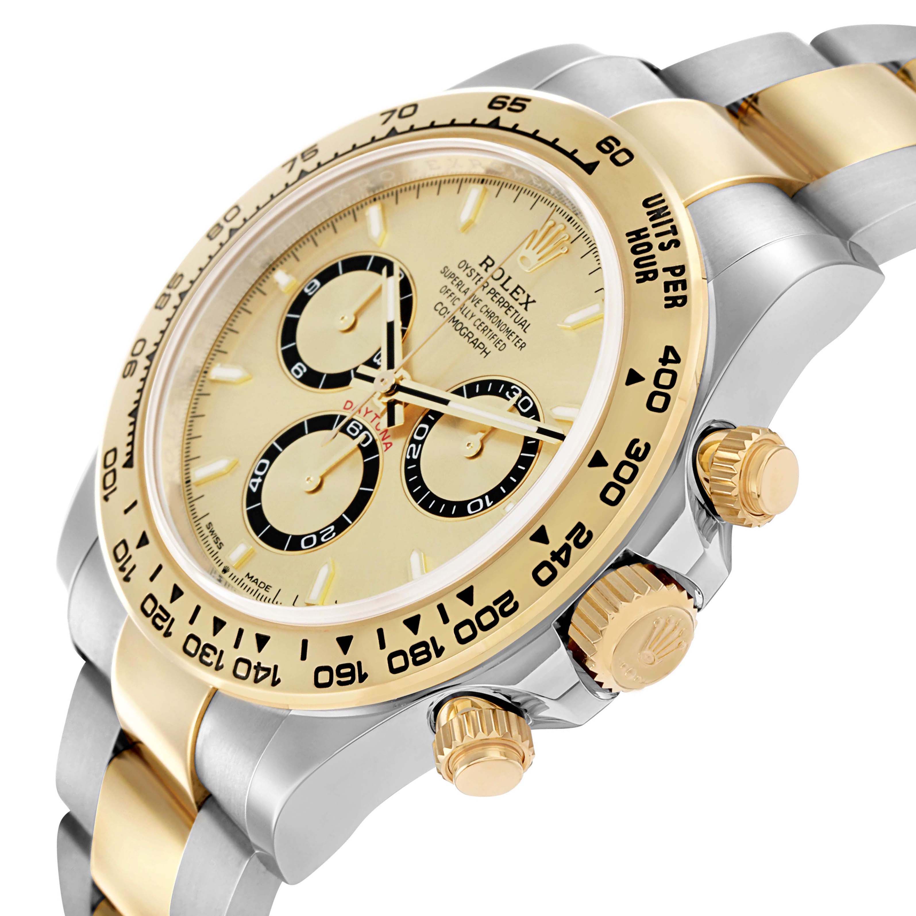 The Rolex Daytona 126503 Men
s Steel and Gold (two tone) Champagne Dial watch is shown at a three-quarter angle, highlighting the face, bezel, crown, and part of the bracelet.