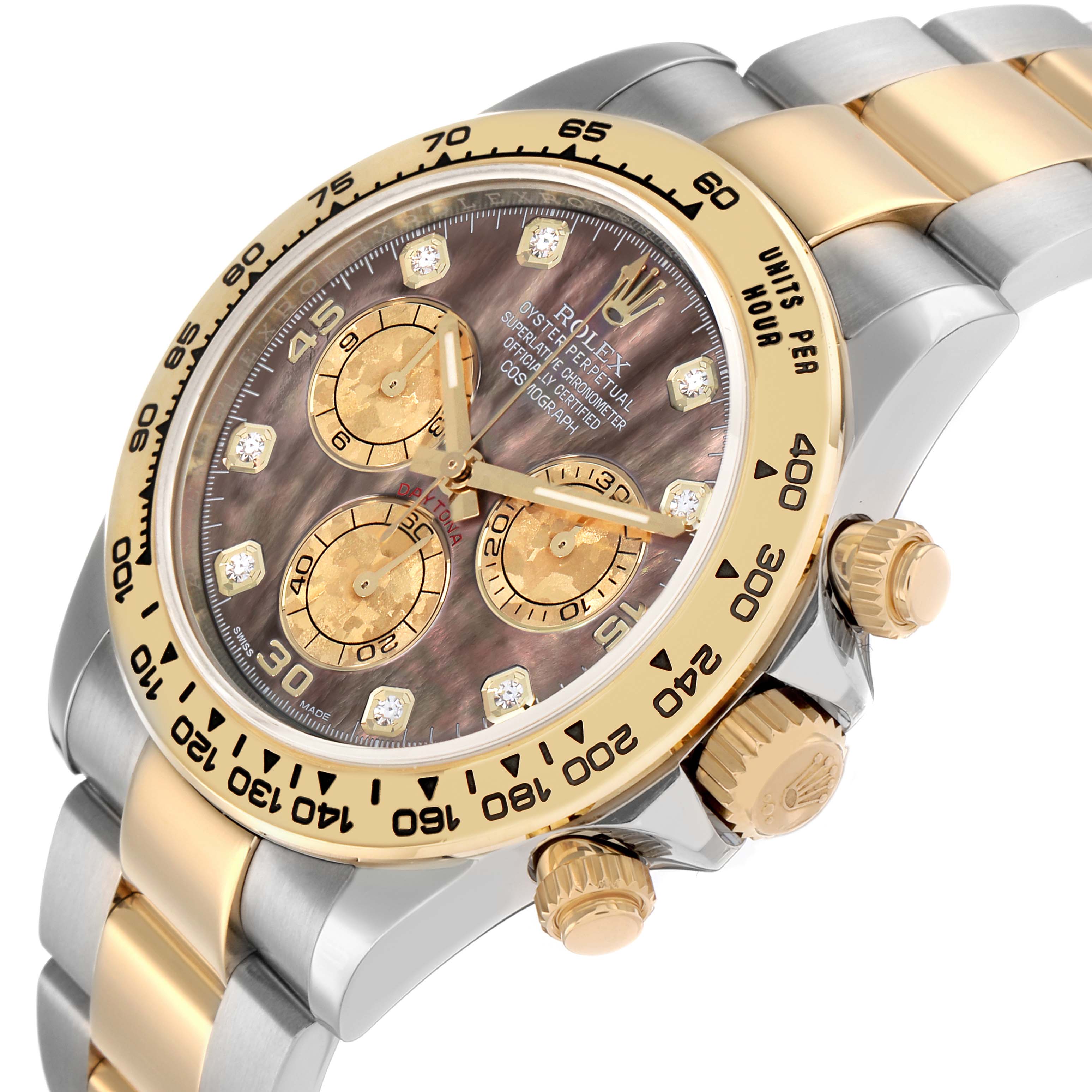 The Rolex Daytona 116503 Men
s Steel and Gold (two tone) Mother of Pearl Dial watch is shown at an angled view, highlighting the bezel, dial, crown, and bracelet.