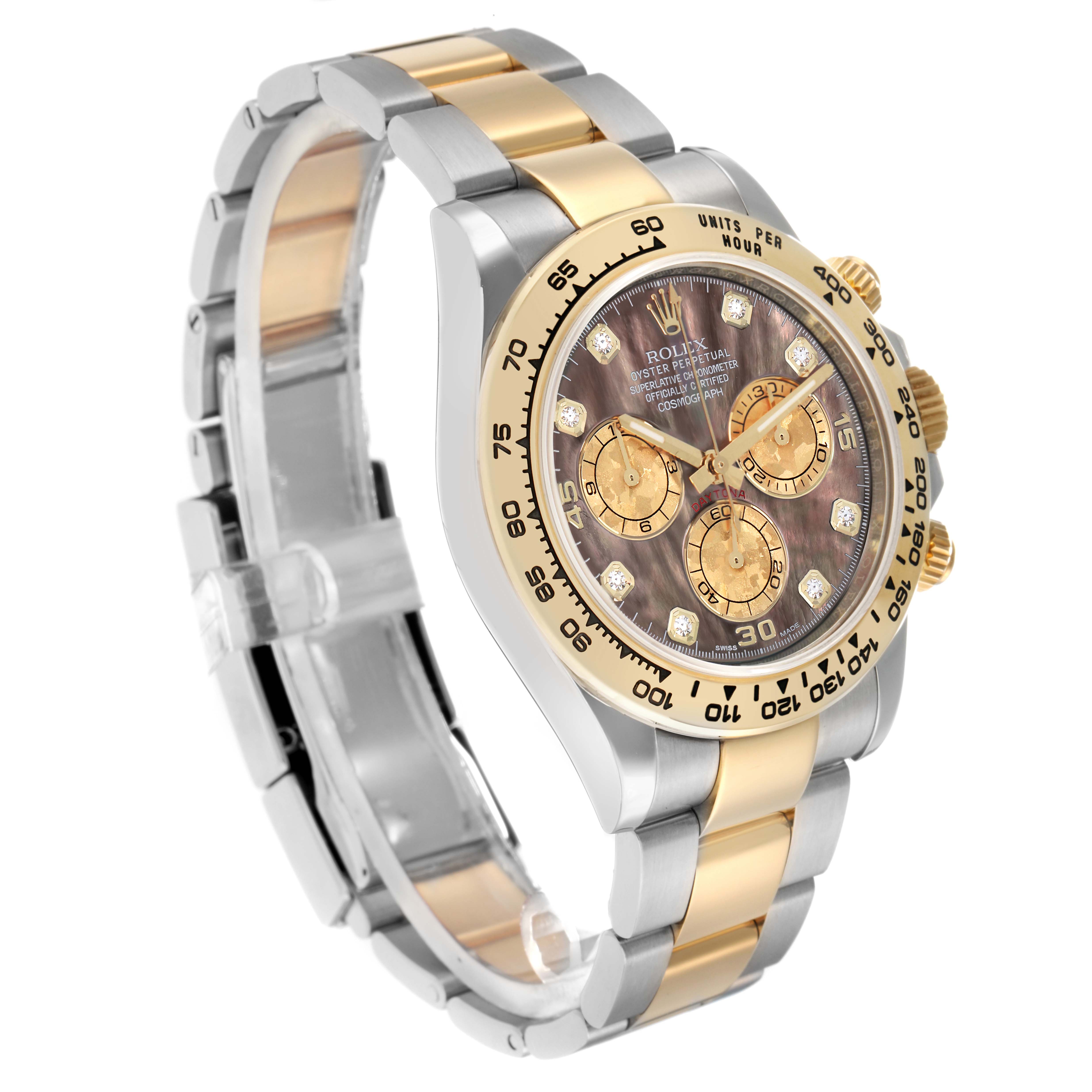 The image shows a Rolex Daytona 116503 Men
s Steel and Gold (two tone) Mother of Pearl Dial watch at a three-quarter angle, displaying its face, bezel, pushers, and bracelet.
