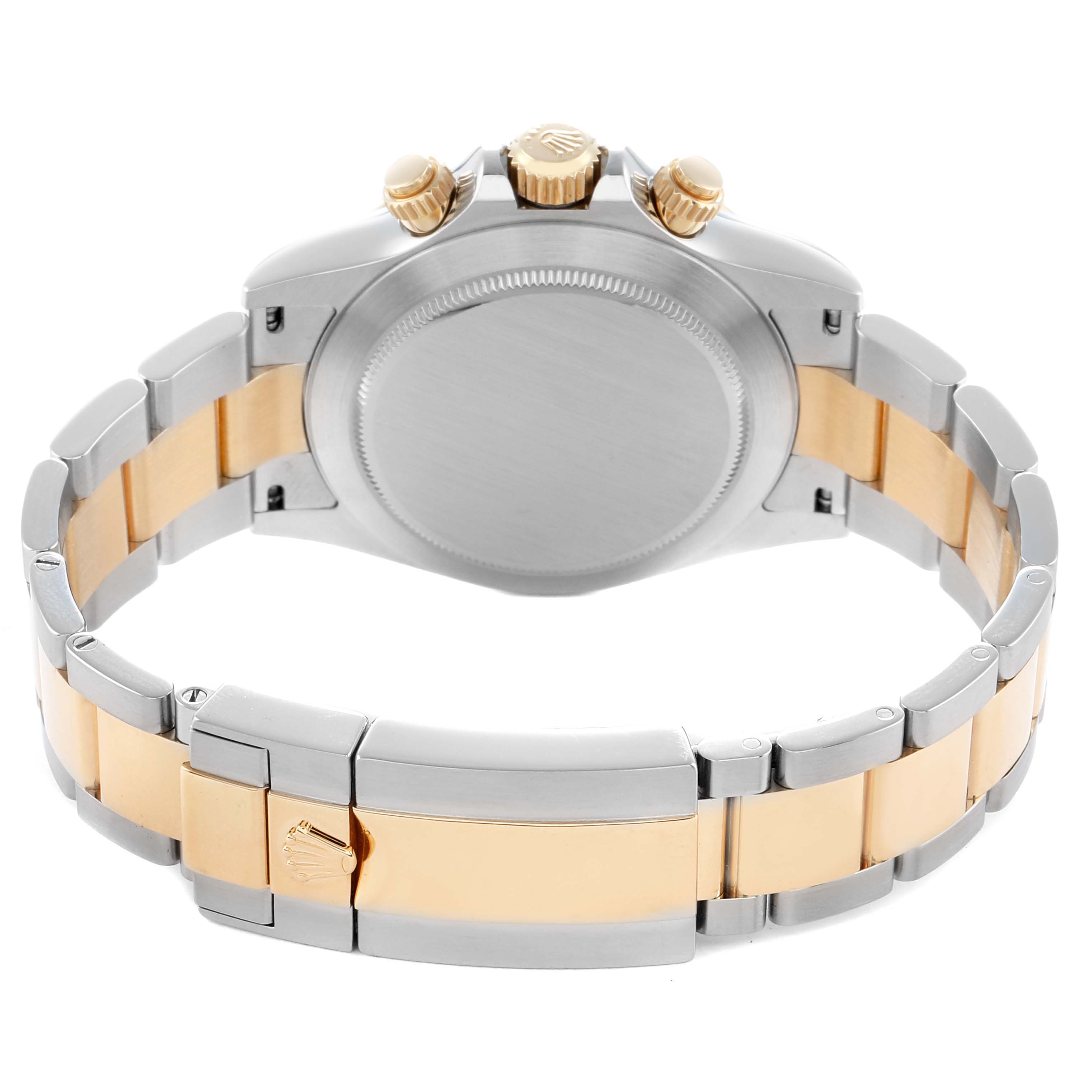 The image shows the back of a Rolex Daytona 116503 Men
s Steel and Gold (two tone) Mother of Pearl Dial, highlighting the clasp, bracelet, case back, and crown from a rear angle.