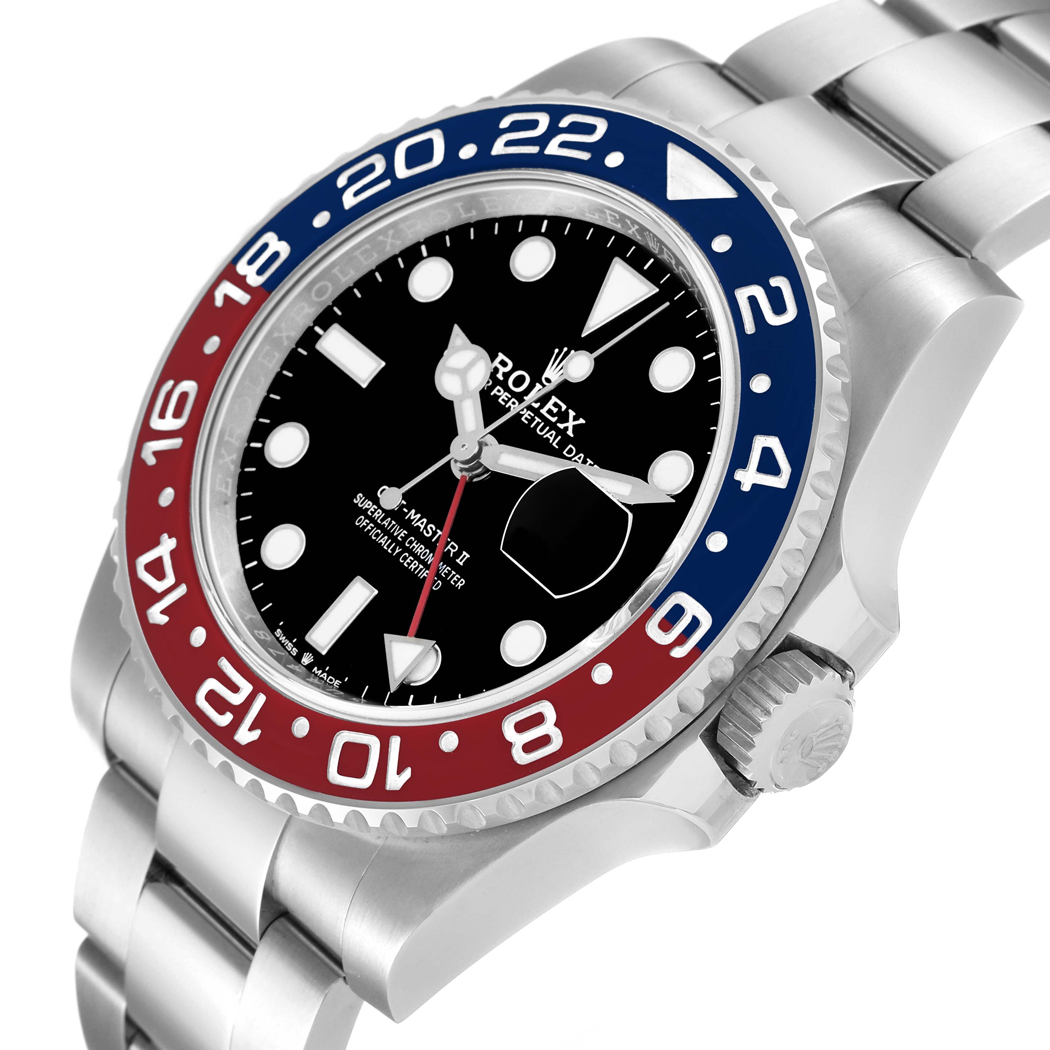This image shows a close-up of the face, bezel, and part of the bracelet of a Rolex GMT-Master 126710 Men's Stainless Steel Black Dial 126710 Men's Stainless Steel Black Dial watch with a black dial and blue and red bezel.
