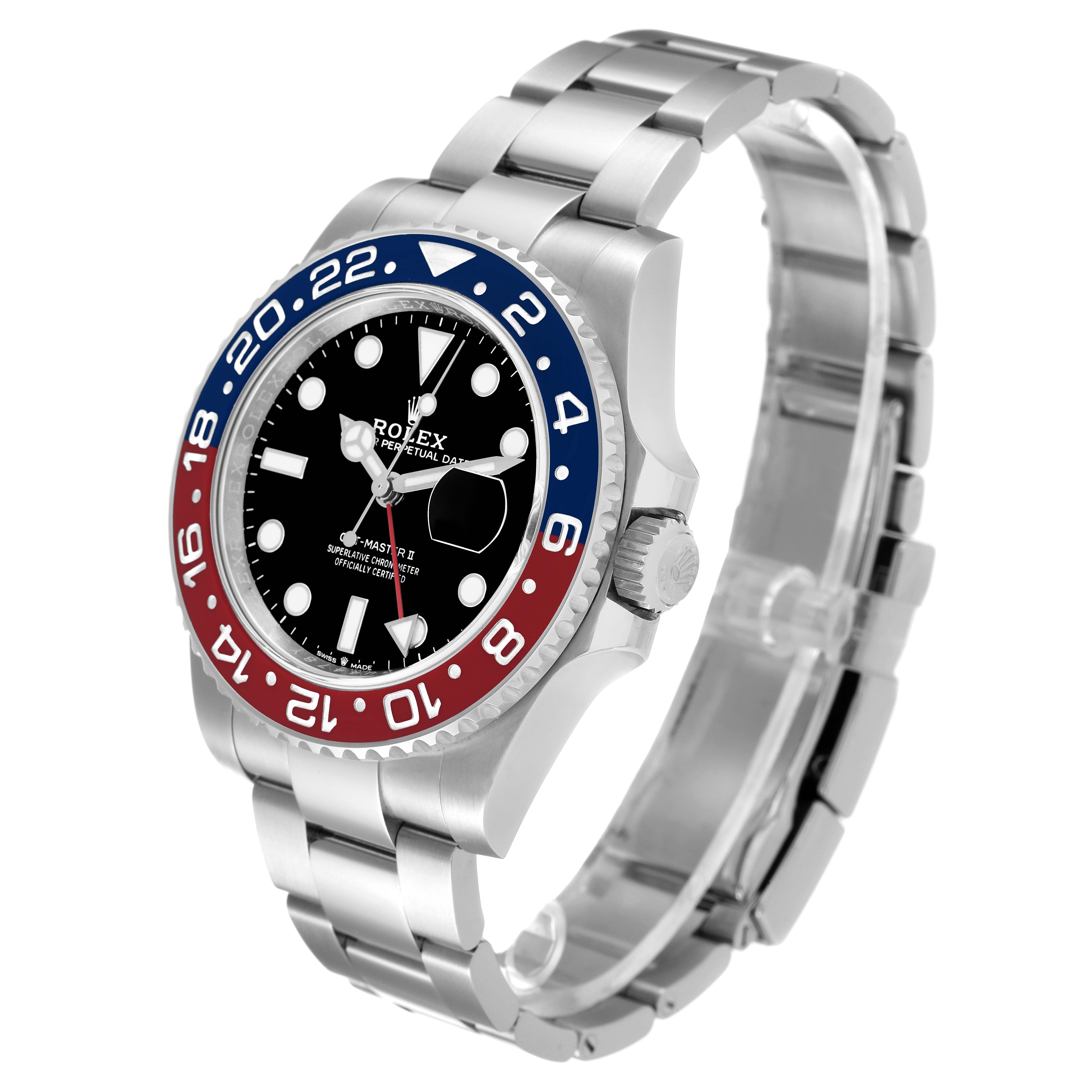 The Rolex GMT-Master 126710 Men's Stainless Steel Black Dial 126710 Men's Stainless Steel Black Dial watch is shown at a slight angle, displaying the face, bezel, crown, and bracelet.