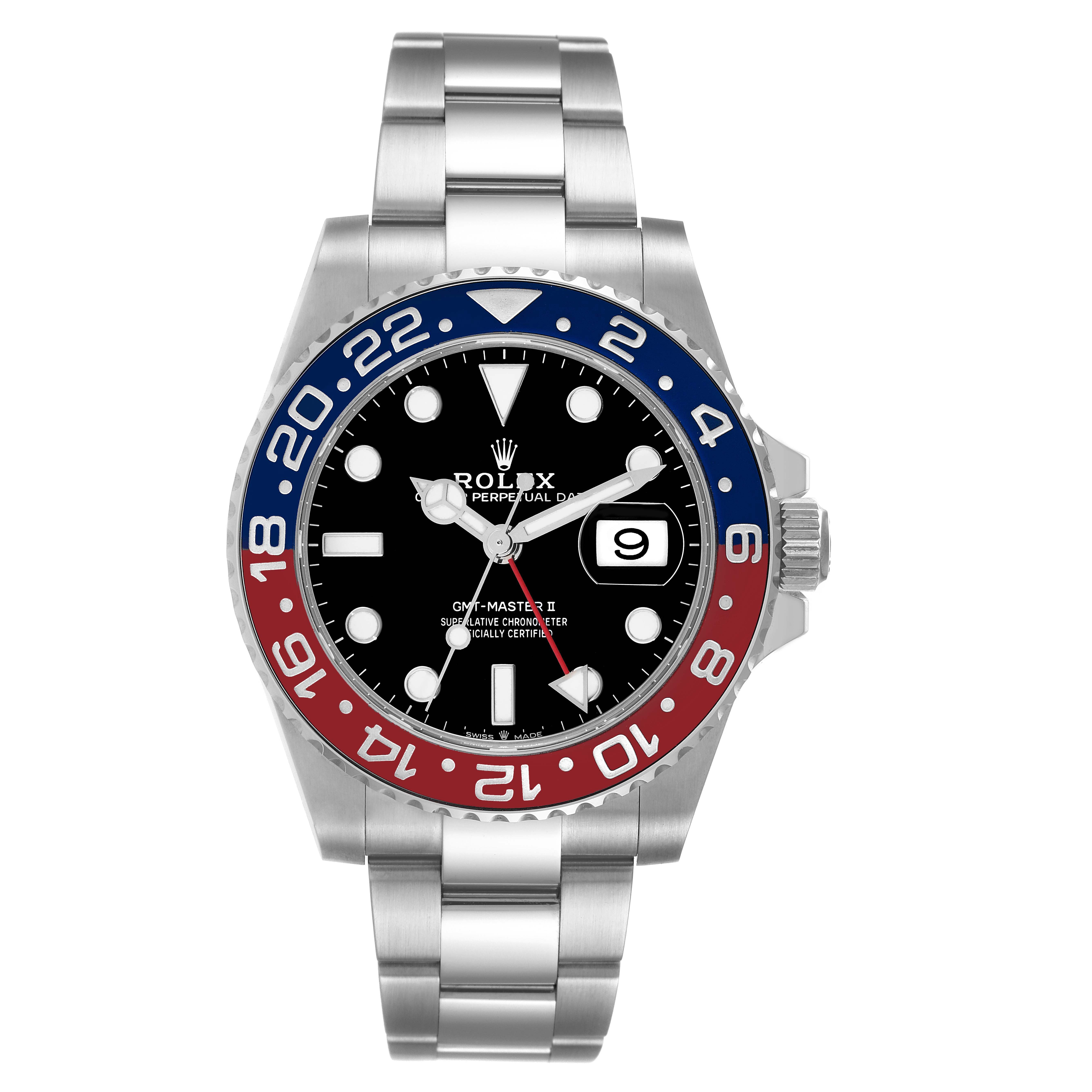 The image shows a front view of a Rolex GMT-Master 126710 Men's Stainless Steel Black Dial 126710 Men's Stainless Steel Black Dial II watch, highlighting the bezel, dial, and bracelet.