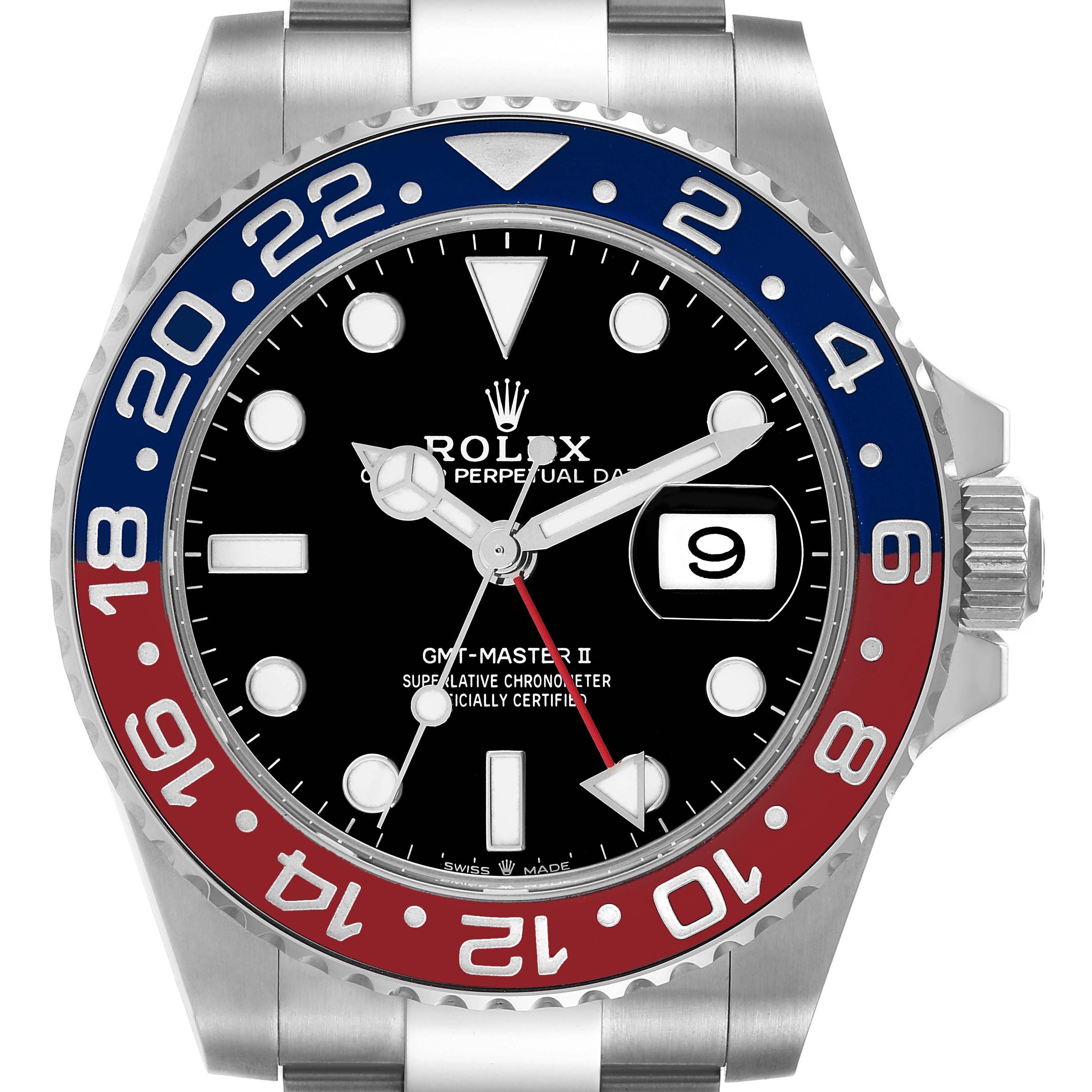 The image shows a front view of the Rolex GMT-Master 126710 Men's Stainless Steel Black Dial 126710 Men's Stainless Steel Black Dial II watch, highlighting its bezel, face, and crown.