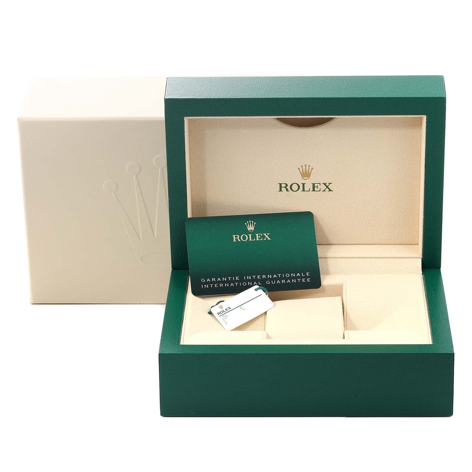 This image shows a Rolex GMT-Master 126710 Men's Stainless Steel Black Dial 126710 Men's Stainless Steel Black Dial watch box, warranty card, and a tag from a front angle.