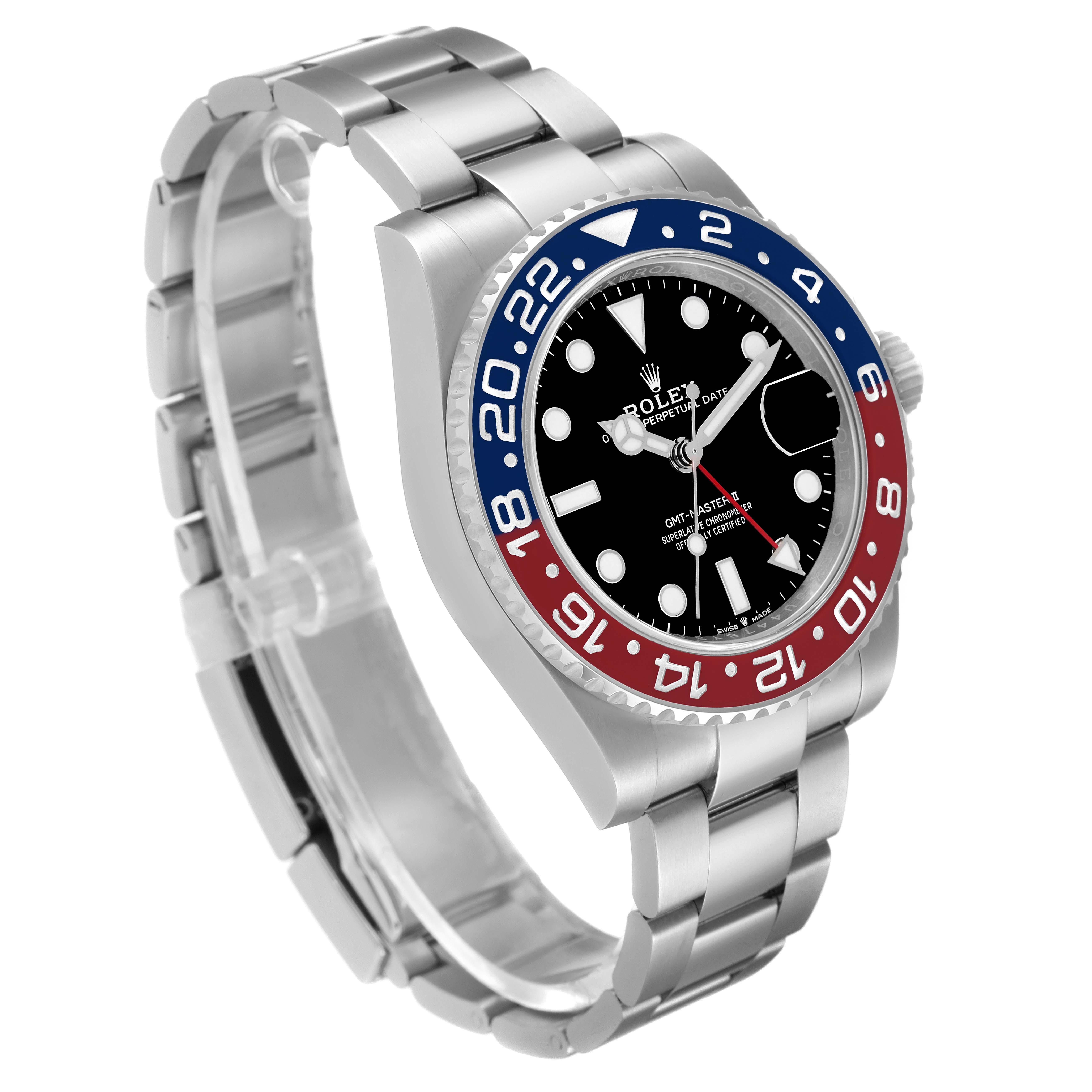 The image shows a Rolex GMT-Master 126710 Men's Stainless Steel Black Dial 126710 Men's Stainless Steel Black Dial watch at an oblique angle, highlighting its bezel, dial, and bracelet.
