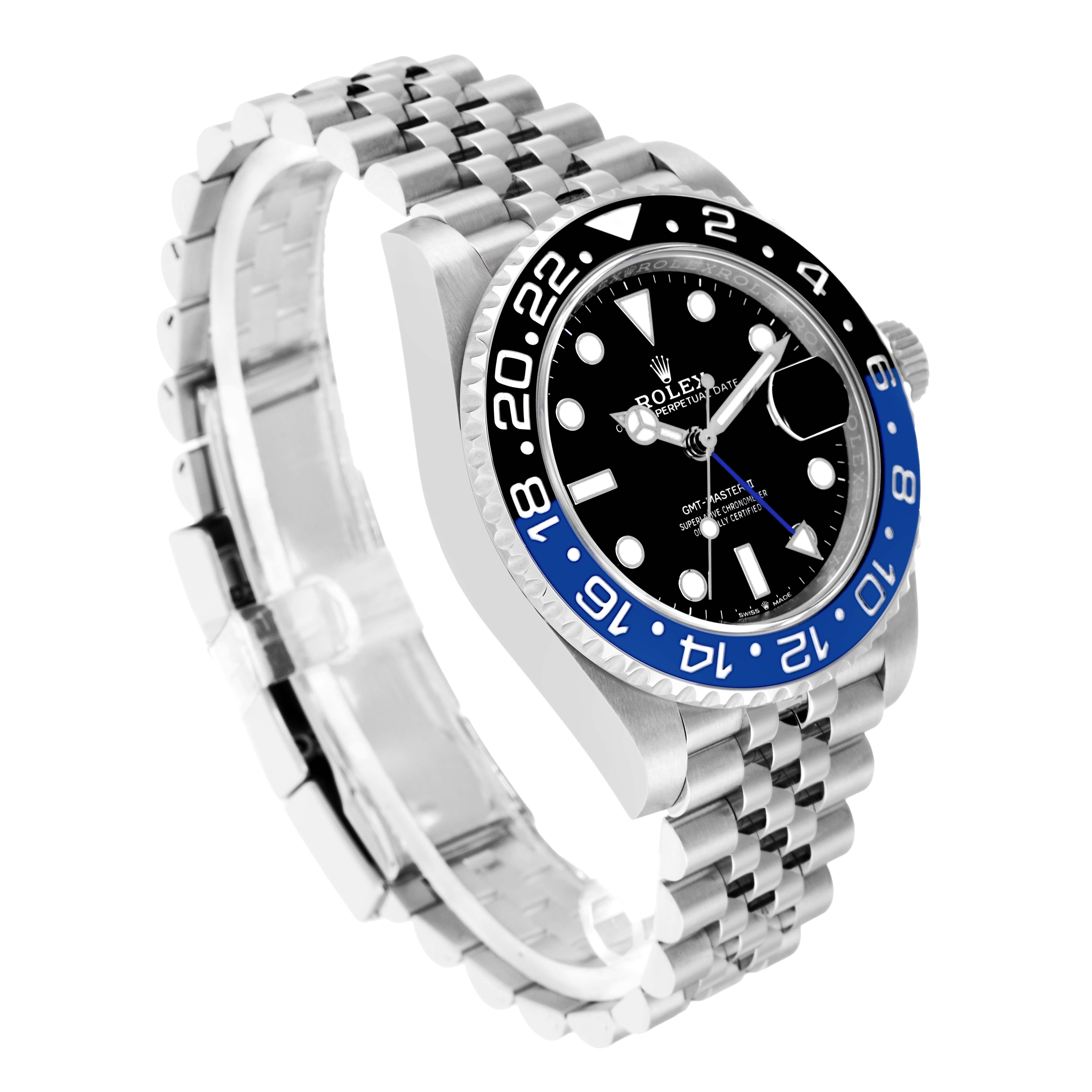 The Rolex GMT-Master 126710BLNR Men
s Stainless Steel Black Dial watch is shown at a slight angle, highlighting the bezel, face, and jubilee bracelet.
