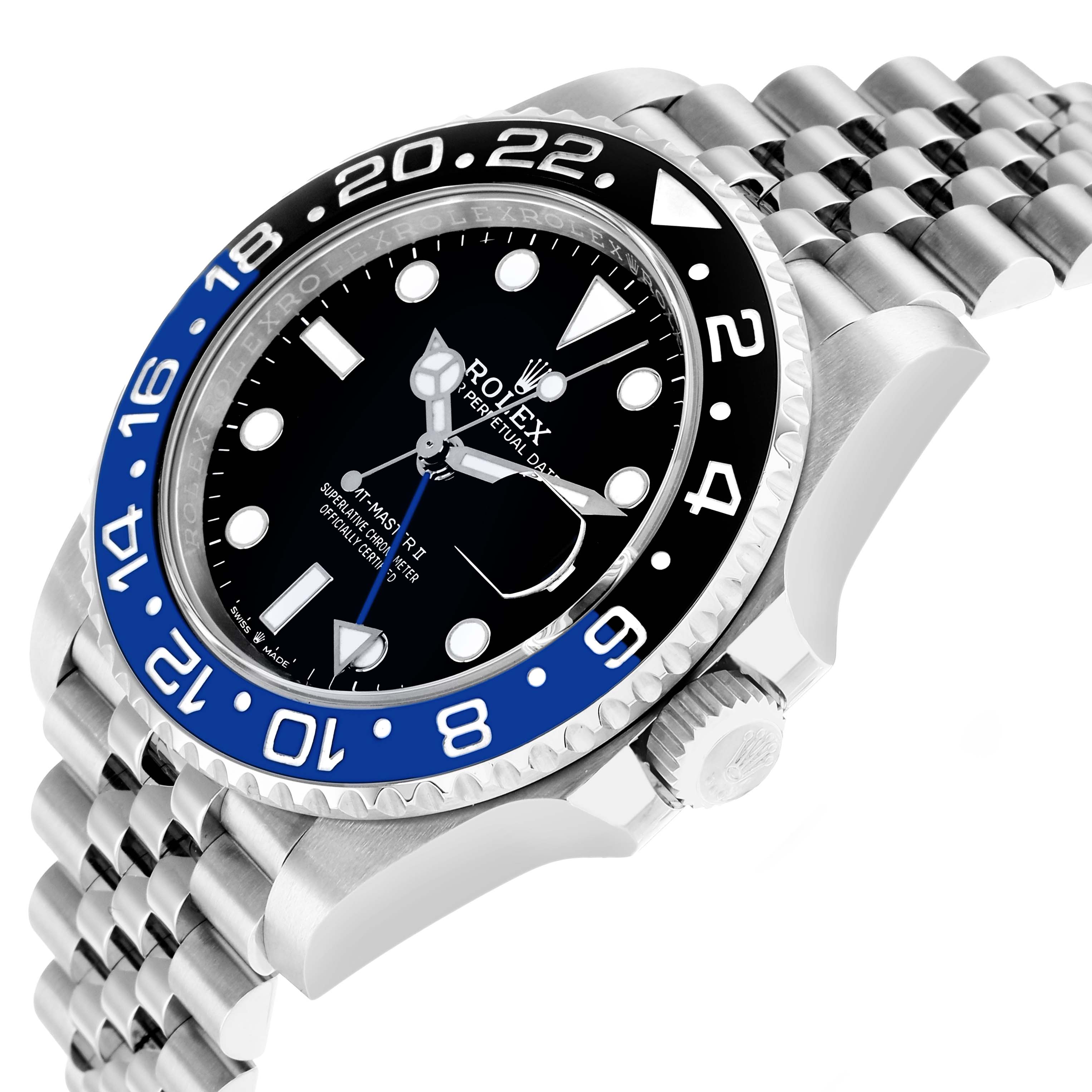 The Rolex GMT-Master 126710BLNR Men
s Stainless Steel Black Dial watch is shown at an angled view highlighting the bezel, dial, crown, and jubilee bracelet.