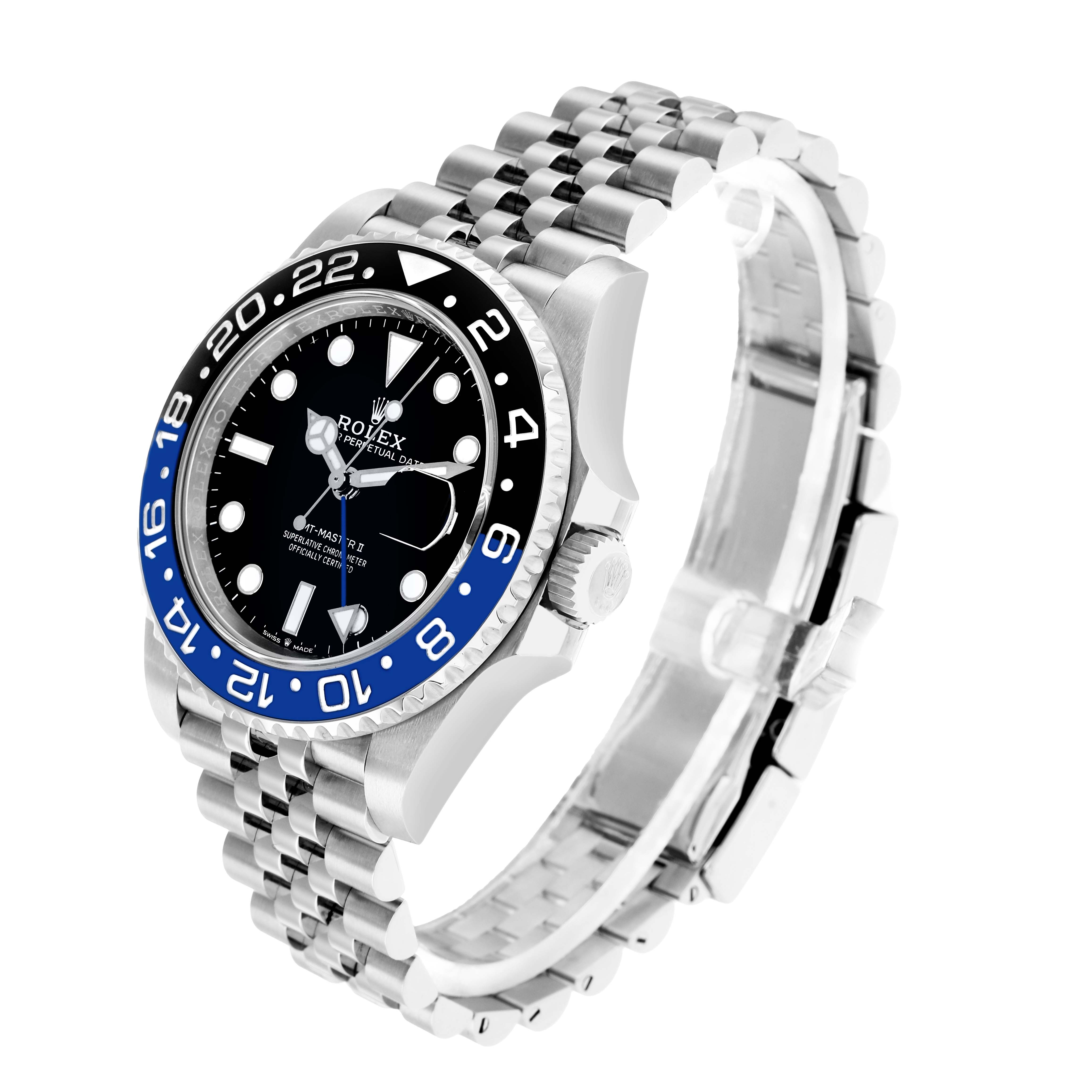The Rolex GMT-Master 126710BLNR Men
s Stainless Steel Black Dial watch is shown at an angled top view, highlighting its dial, bezel, and bracelet.